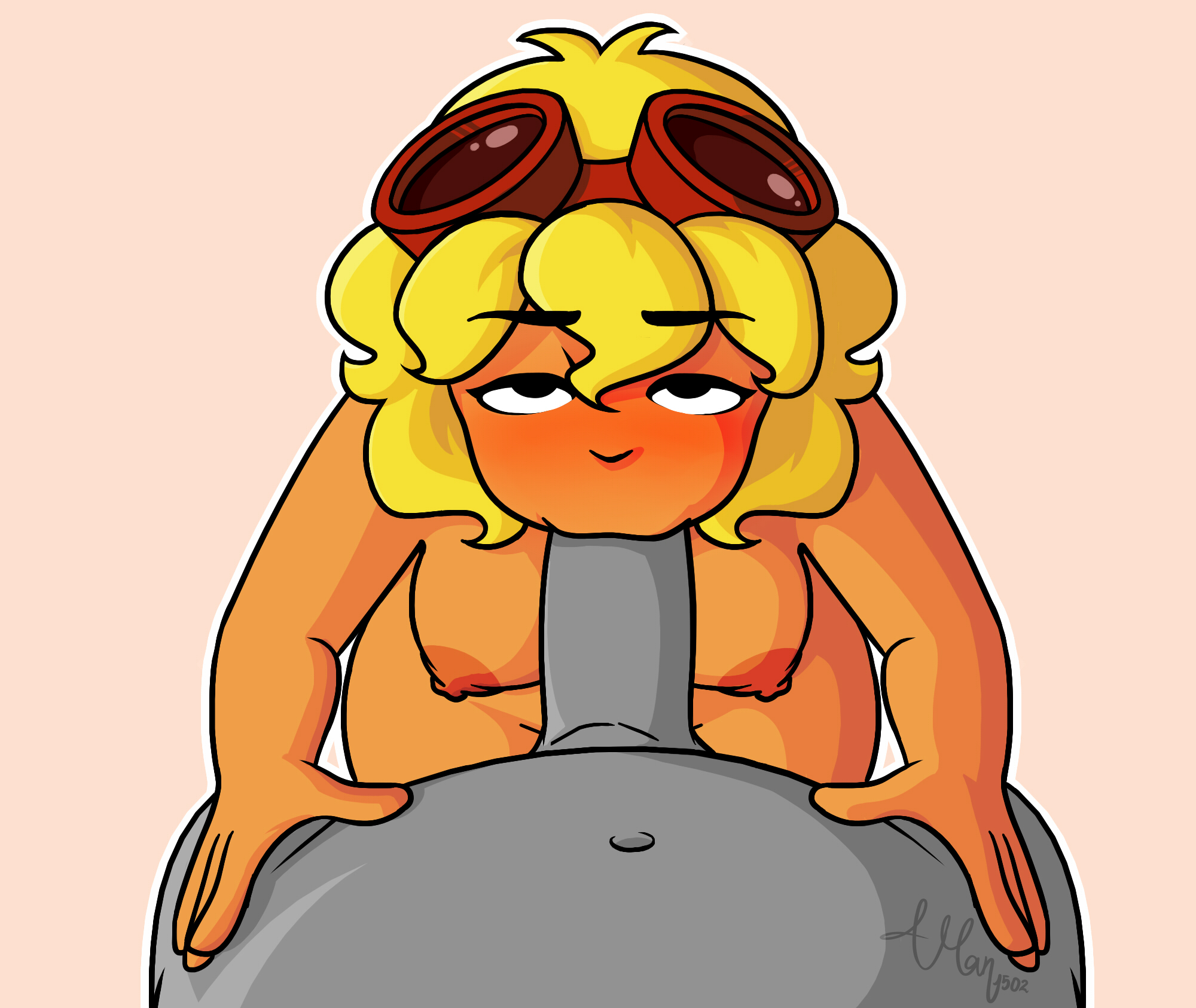 a gal1502, a-gal, a-man1502, agal1502, blonde hair, blowjob, blush, breasts, cute, female, goggles, goggles on head, human, humanized, looking at viewer, male, nipples, offscreen male, plants vs zombies, plants vs zombies: heroes, short hair, solar flare (peargor), solar flare (pvz), sunflower (pvz), yellow hair