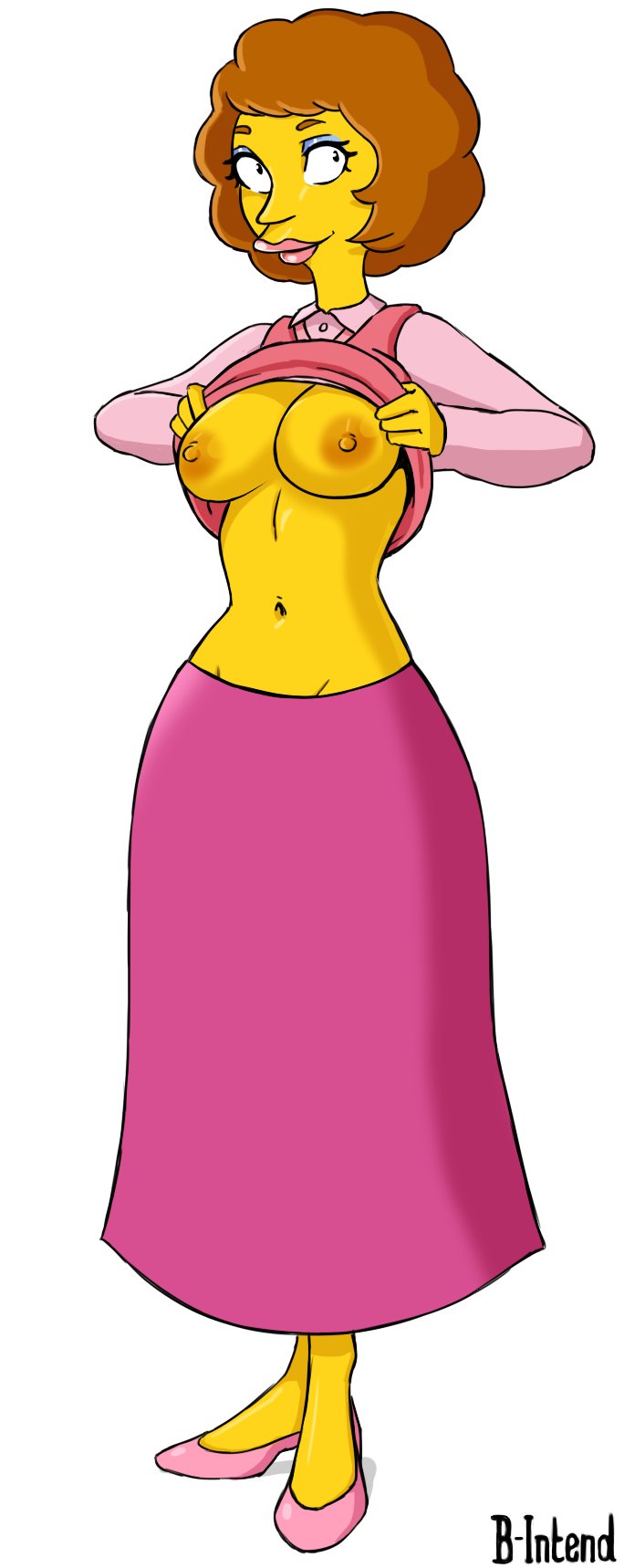 1girls areolae auburn_hair b-intend big_breasts big_breasts breasts breasts exposed_breasts eyeshadow female female_focus female_only flipped_hair hourglass_figure lipstick makeup mature mature_female mature_woman maude_flanders milf mother nipples partially_clothed perky_breasts skirt smirk the_simpsons thighs top_lift yellow_body yellow_skin