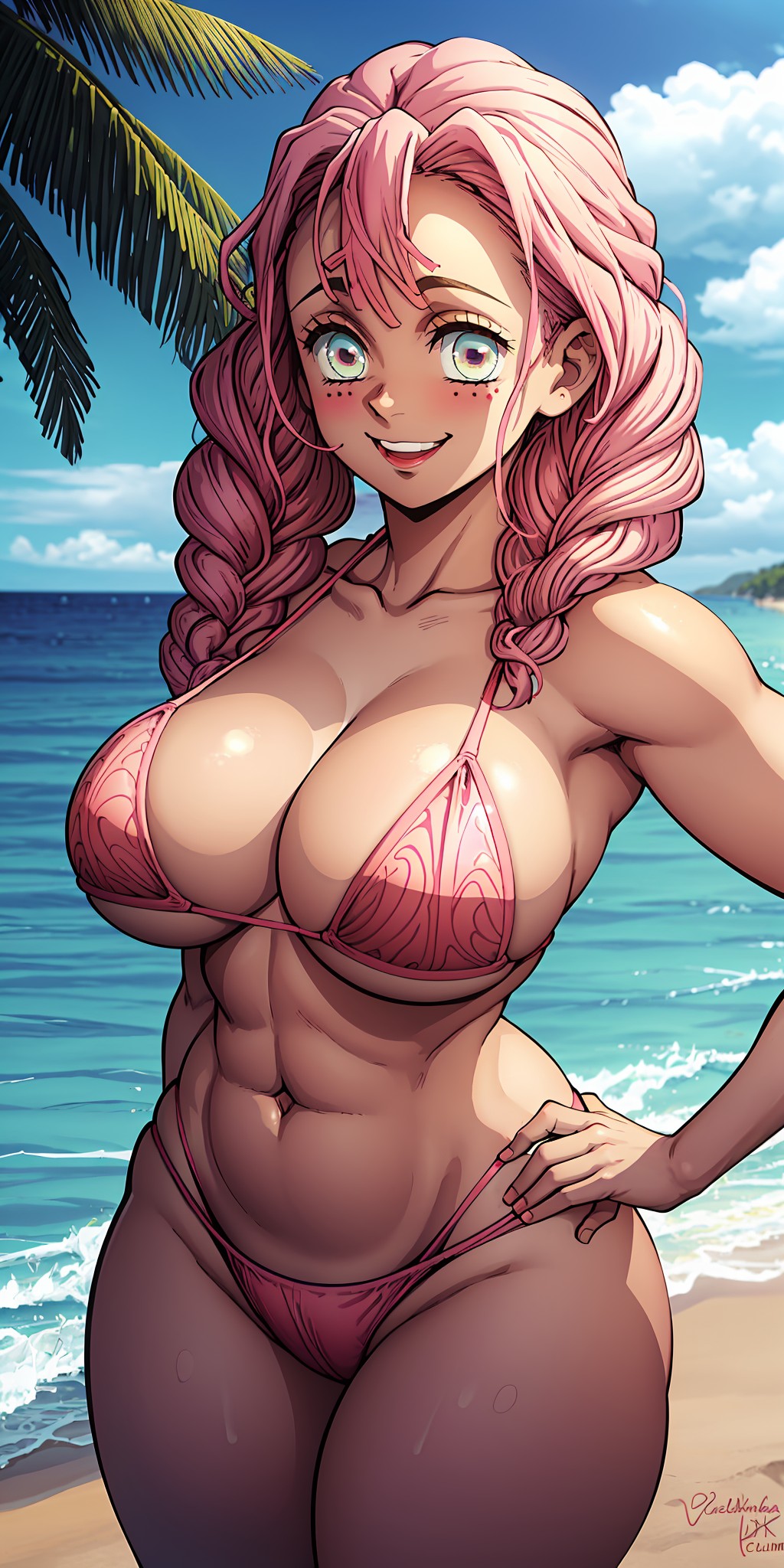 1girls, 2023, ai generated, armpits, beach, big breasts, bikini, blush, blush lines, blushing at viewer, braid, breasts, cloud, clouds, collarbone, demon slayer, female, female focus, female only, green eyes, high resolution, highres, hips, hourglass figure, kanroji mitsuri, kimetsu no yaiba, looking at viewer, navel, outdoors, outside, palm tree, parted lips, pink bikini, pink hair, sea, self upload, solo, solo focus, stable diffusion, tagme, thighs, toned, toned body, toned female, water, yodayo
