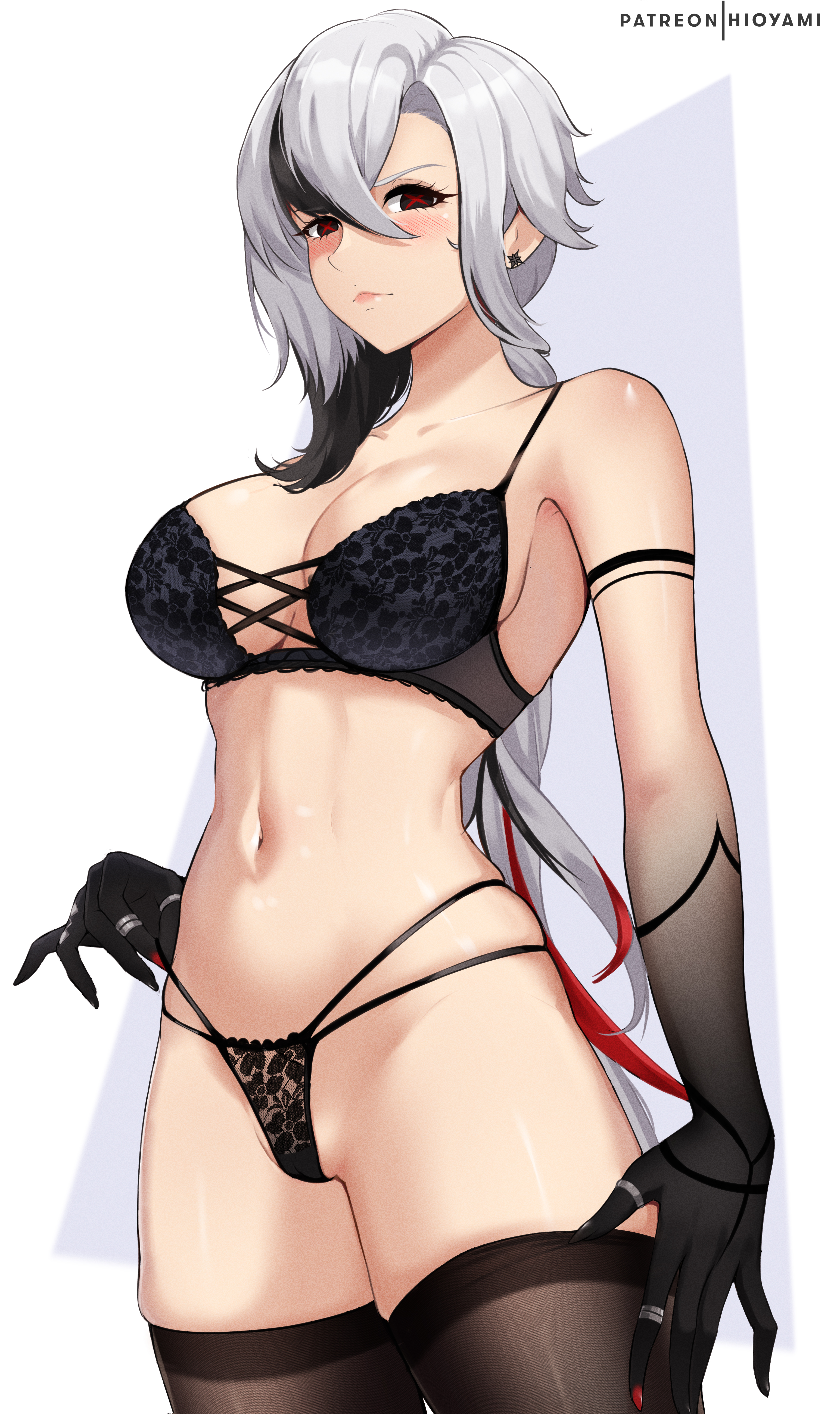 1girls, absurd res, arlecchino (genshin impact), breasts, curvaceous, curvy body, curvy female, female, female focus, female only, genshin impact, gloves, hi res, hioyami, huge breasts, lingerie, long hair, seductive look, silver hair, solo female, solo focus, stockings