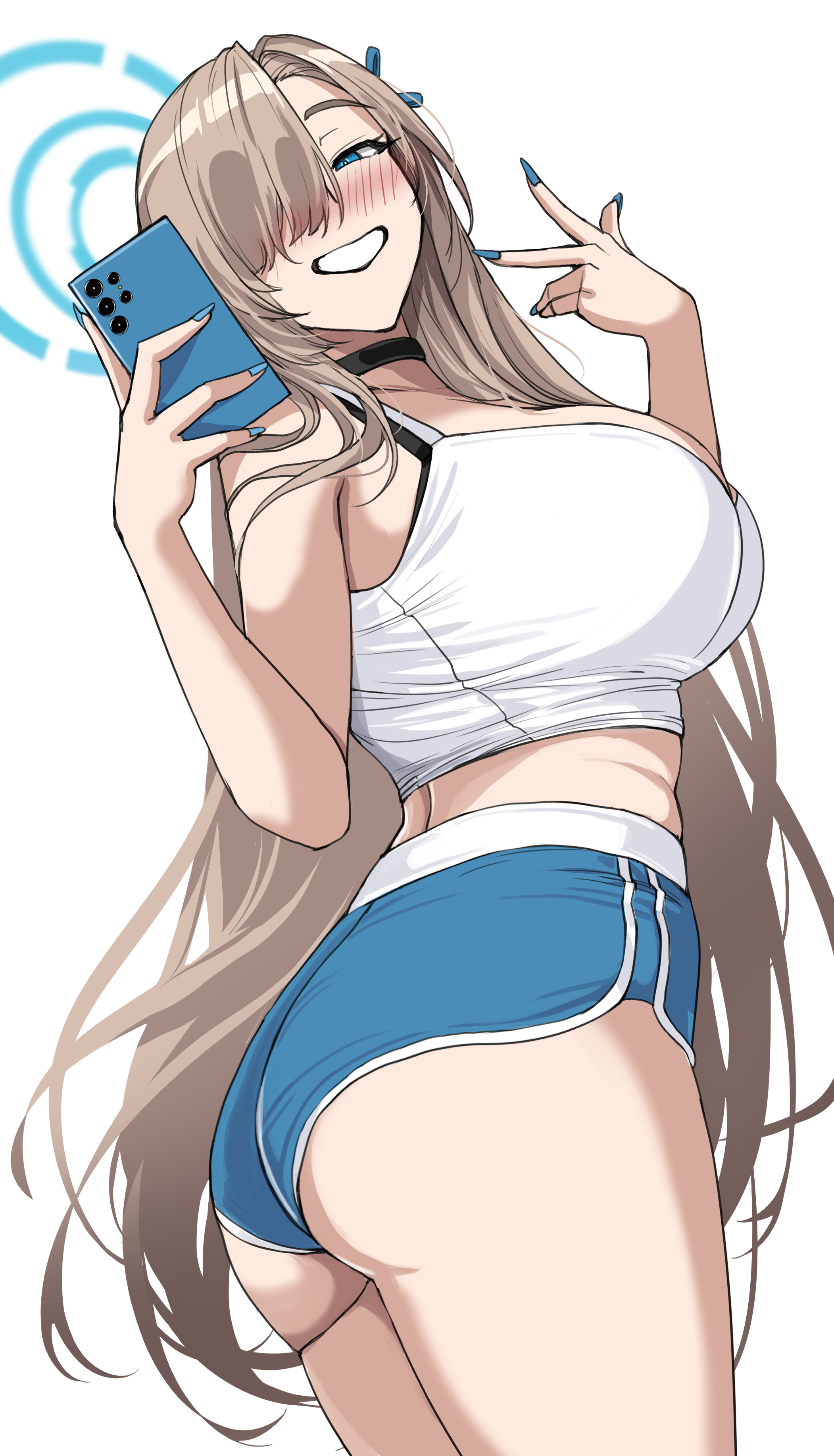 1girls, asuna (blue archive), blonde hair, blue archive, blue eyes, breasts, drogod (artist), female, hi res, hips, huge breasts, long hair, millennium science school student, samsung galaxy, sports bra, sportswear, thick thighs, thighs, wide hips