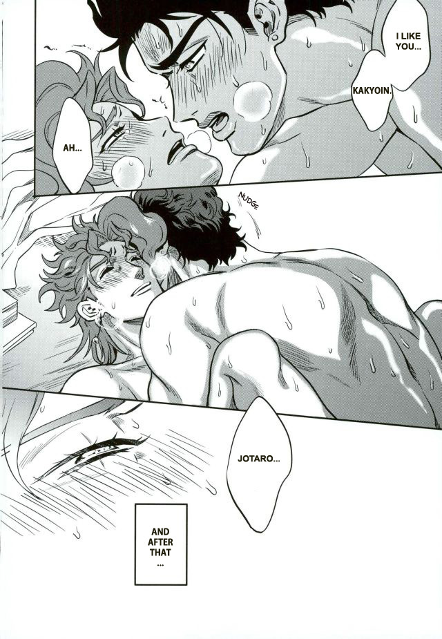 2boys after_orgasm after_sex amarans blush english_text gay jojo's_bizarre_adventure jotaro_kujo looking_at_partner looking_pleasured male male/male male_only noriaki_kakyoin nude_male stardust_crusaders sweating yaoi