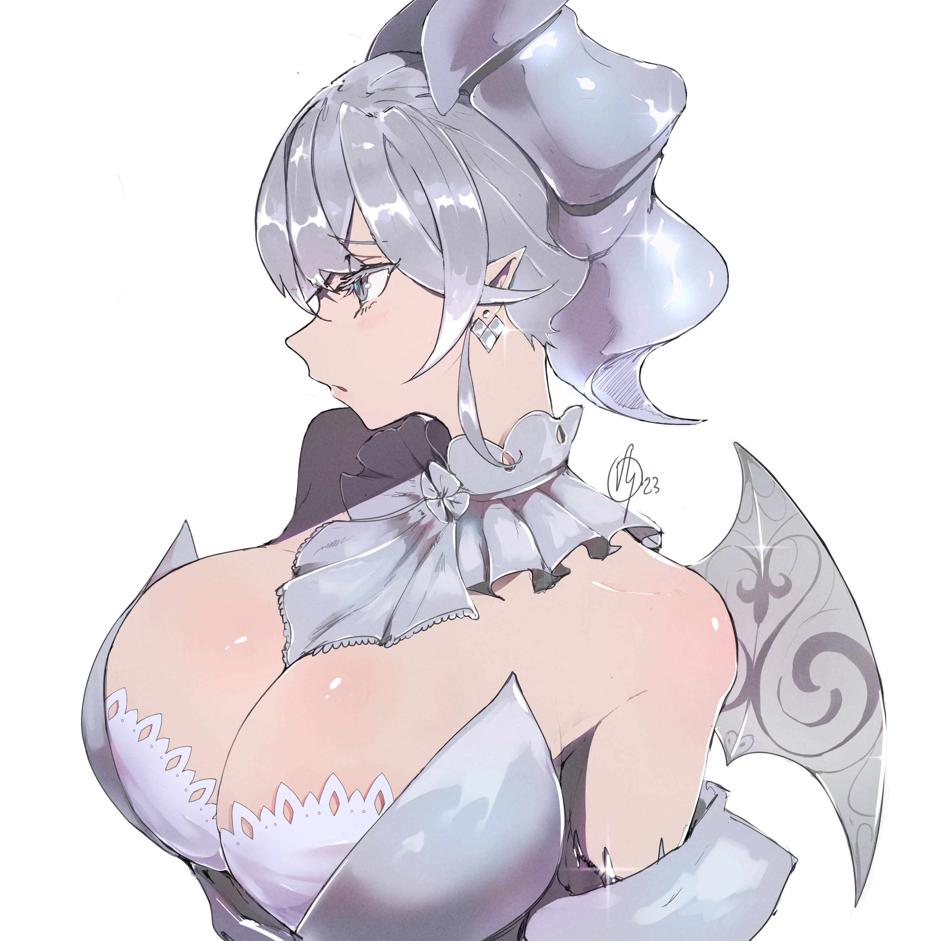 1girls, armored dress, breasts, demon, demon girl, duel monster, female, huge breasts, labrynth of the silver castle, lovely labrynth of the silver castle, solo, vishapslayer, white background, white hair, yu-gi-oh!