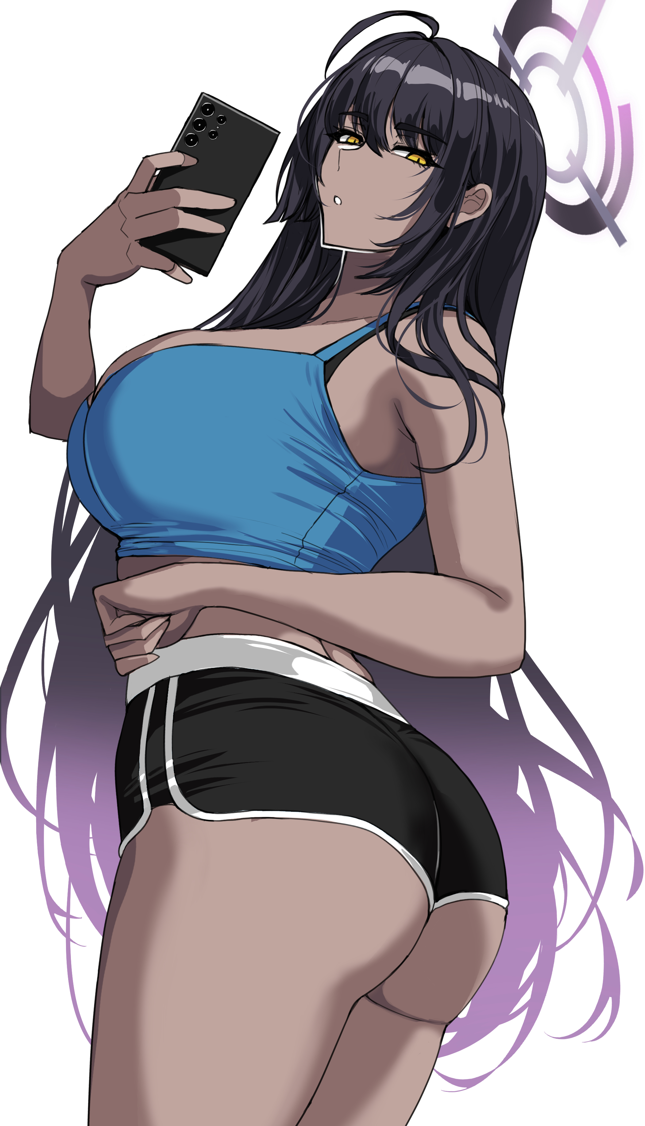 1girls, black hair, blue archive, booty shorts, breasts, brown skin, dark skin, dark-skinned female, drogod (artist), female, hi res, hips, huge breasts, karin (blue archive), karin kakudate, long hair, millennium science school student, short shorts, shorts, sports bra, sportswear, thick thighs, thighs, wide hips, yellow eyes