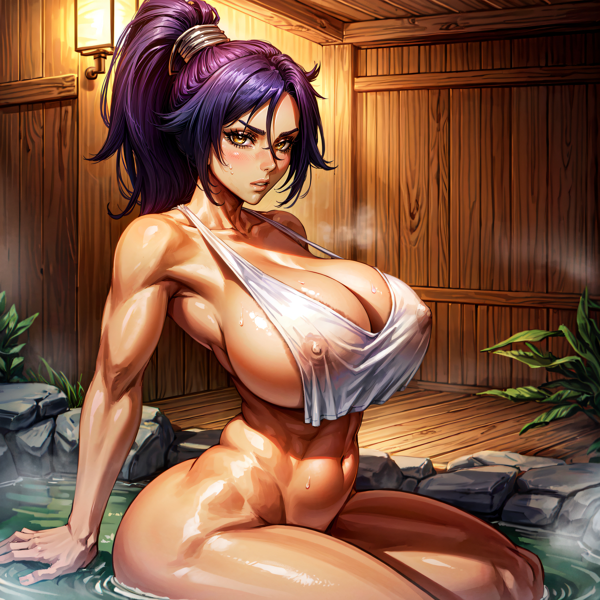 1girls, ai generated, bleach, breasts, dark skin, female, hi res, hpeq, large breasts, nipples, see-through, shihouin yoruichi, towel, wide hips