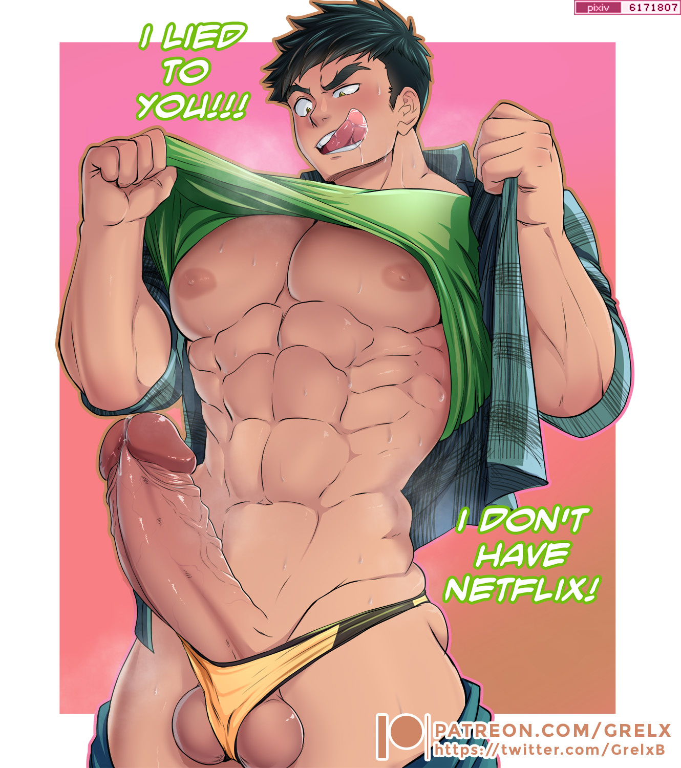 1boy, abs, balls, bara, big penis, black hair, clothing, crazy eyes, dialogue, erection, evil grin, grelx, hard on, hi res, highres, licking lips, looking at own penis, looking at penis, looking down, low-angle view, male, male nipples, male only, masculine male, muscular, muscular chest, muscular male, naughty face, nipples, pants down, pecs, penis, pov, precum, precum drip, quiron (grelx), rape face, saliva, shirt lift, solo, solo male, standing, sweat, talking to viewer, text, tongue, tongue out, twitter user oc, underwear, undressing, yaoi