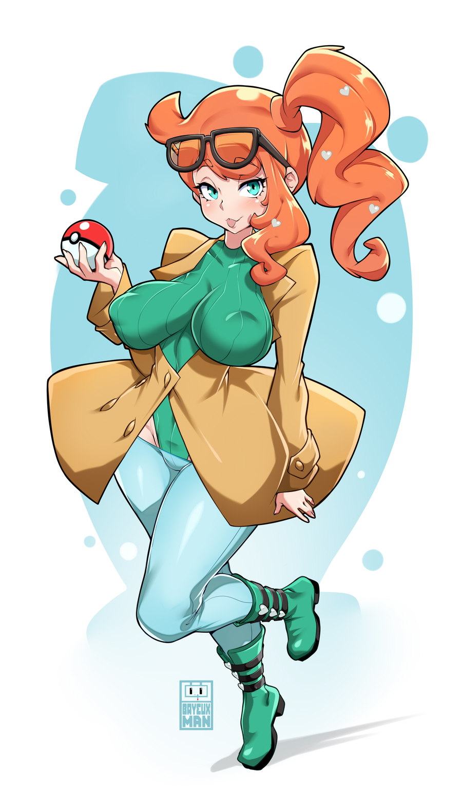 bayeuxman, big breasts, breasts, clothed, female, female only, inverted nipples, nintendo, nipples visible through clothing, no bra, pokemon, pokemon ss, sonia (pokemon), trenchcoat