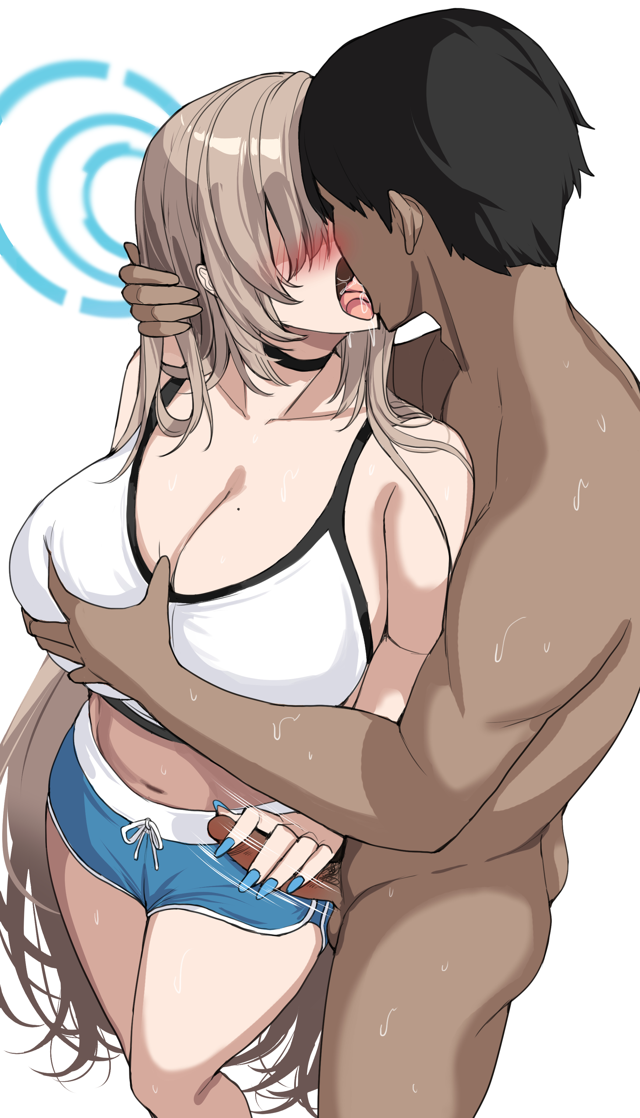 1boy, 1girls, aroused, asuna (blue archive), blonde hair, blue archive, blue eyes, breast grab, breasts, drogod (artist), female, female focus, french kiss, grabbing breasts, hi res, hips, huge breasts, kissing, long hair, looking pleasured, male, male pubic hair, millennium science school student, penis, pubic hair, sports bra, sportswear, straight, teenage female, teenager, thick thighs, thighs, tongue, tongue out, uncensored, wide hips