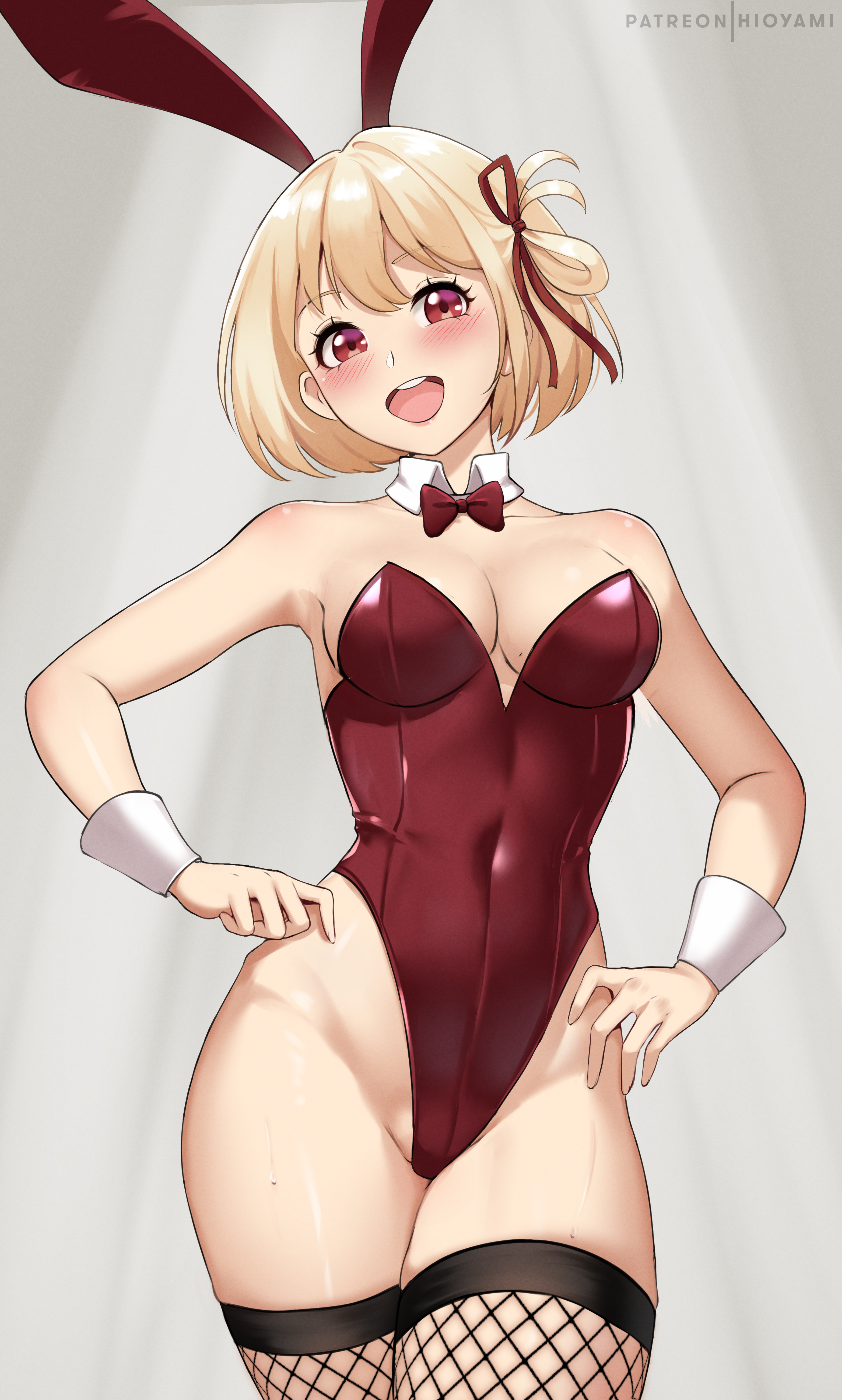 1girls, absurd res, blonde hair, bunny ears, bunny girl, bunnysuit, curvaceous, curvy body, curvy female, female, fishnet legwear, fishnets, hi res, hioyami, lycoris recoil, nishikigi chisato, short hair, solo female, solo focus, thighhighs