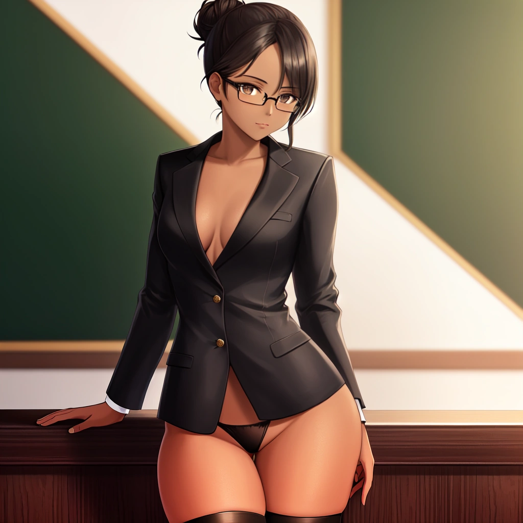 1girls ai_generated aihentai.co anything_diffusion bangs black_clothing black_eyes black_hair black_suit black_thighhighs blackboard breasts classroom cleavage female front_view glasses hair_bun leaning leaning_on_table lecture long_sleeves looking_at_viewer medium_breasts navel original_character serious serious_look sex_ed sex_education solo stable_diffusion standing stern stern_expression suit tan tanned tanned_female tanned_skin teacher thighhighs thong tied_hair