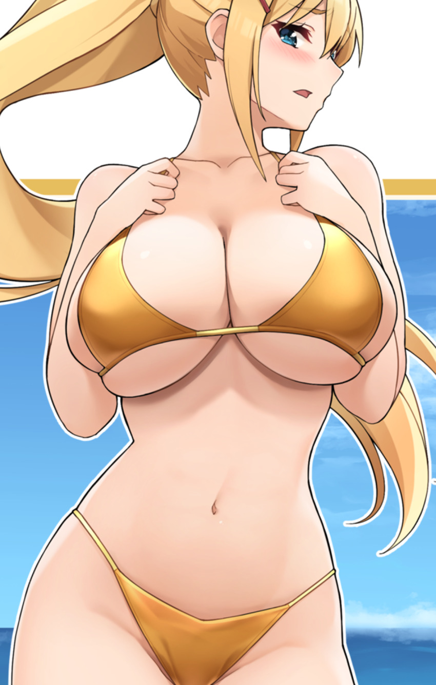 bare_shoulders bikini blonde_hair blue_eyes blush breasts collarbone darkness_(konosuba) female golden_bikini hair_ornament highres jampen kono_subarashii_sekai_ni_shukufuku_wo! large_breasts long_hair looking_at_viewer navel parted_lips ponytail solo submissive_pose swimsuit x_hair_ornament yellow_bikini