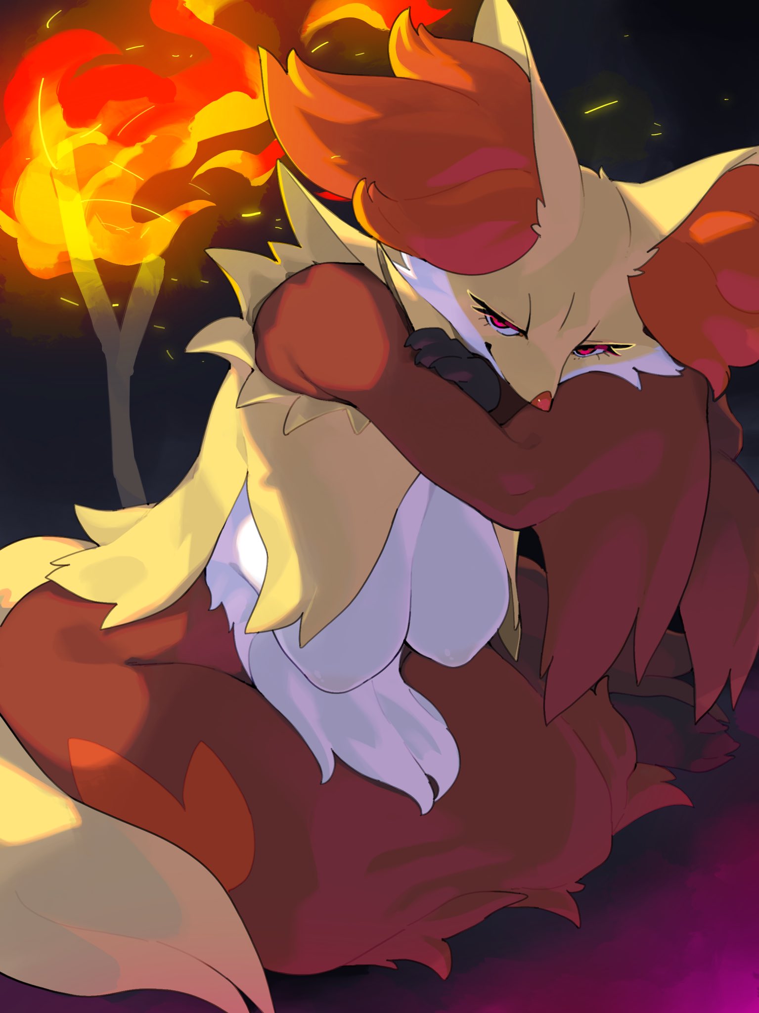 1girls, anthro, areolae, breasts, crossed arms, delphox, female, female only, fire, fur, generation 6 pokemon, hi res, kame 3, looking at viewer, mammal, narrowed eyes, nintendo, pokemon, pokemon (species), red body, red eyes, red fur, simple background, smiling, smiling at viewer, smug, solo, stick