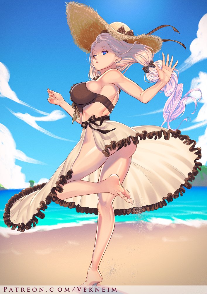 1girls alternate_costume artist_name ass beach big_ass bikini blonde_hair blue_eyes brown_bikini brown_swimsuit female female_only fire_emblem fire_emblem:_three_houses fire_emblem_heroes hairbow hat large_breasts light-skinned_female light_skin long_hair mercedes_von_martritz mercedes_von_martritz_(summer) nintendo ocean official_alternate_costume outdoors sand sarong see-through solo sun_hat swimsuit vekneim watermark