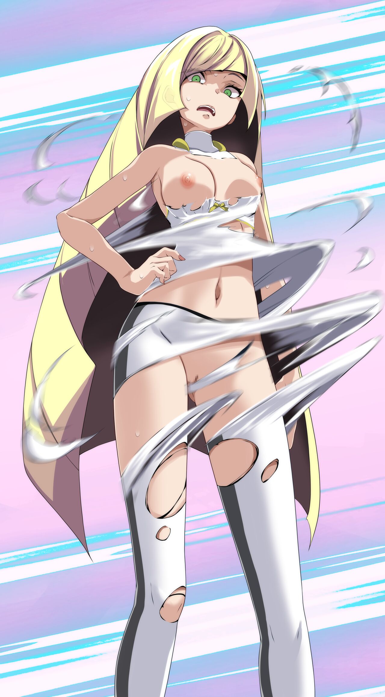 blonde_hair censored exploding_clothes green_eyes hand_on_hip long_hair looking_at_viewer looking_down low-angle_view lusamine_(pokemon) medium_breasts mosaic_censoring motion_lines navel nipples pink_background pokemon pussy scared sweat torn_bra torn_clothes torn_panties torn_pants torn_topwear tsukishiro_saika