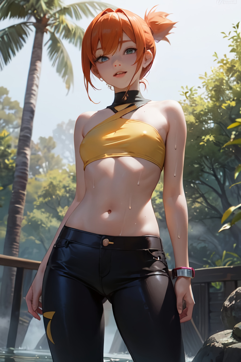 ai generated, asymmetrical hair, breasts, cleavage, clothing, cowboy shot, female, female only, game freak, gen 1 pokemon, green eyes, gym leader, hair between eyes, high resolution, kasumi (pokemon), leather, legs, looking at viewer, navel, nintendo, orange hair, palm tree, pants, pokemon, pokemon (anime), pokemon (classic anime), pokemon rgby, ponytail, shirt, short hair, side ponytail, small breasts, smile, solo, tank top, thighs, tied hair, tree, wet, yellow shirt, yellow tank top