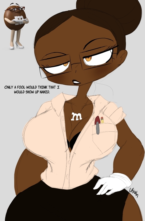 big_breasts birthmark black_bottomwear black_bra brown_skin button_shirt cute dark_brown_hair glasses gloves hand_on_hip m&m's m_and_m's mars_incorporated ms._brown not_furry orange_eyes simple_background thick_thighs white_heels