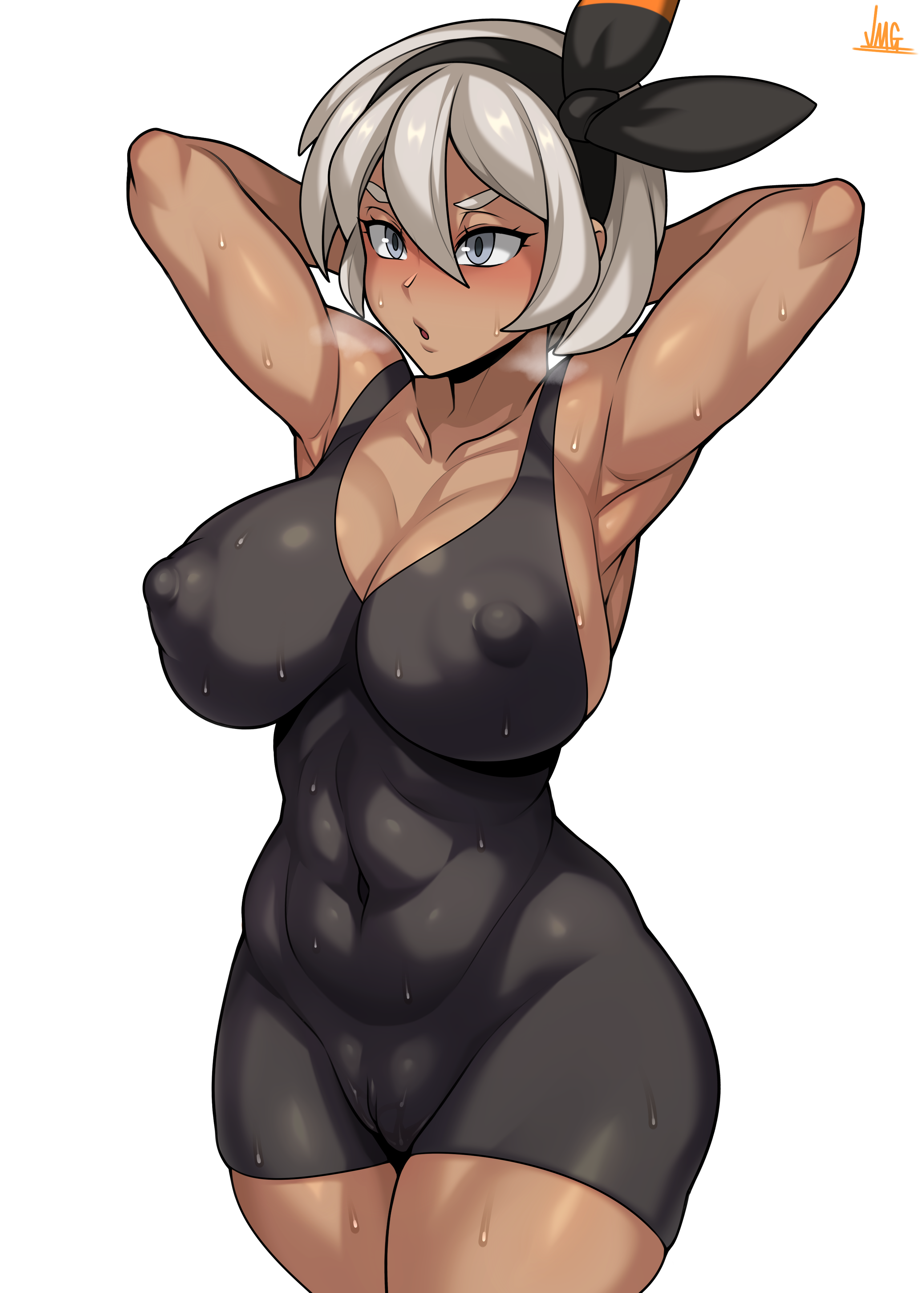 1girls, 2d, absurd res, alternate version available, armpits, arms behind back, arms up, bea (pokemon), breasts, brown skin, brown-skinned female, dark skin, dark-skinned female, female, female focus, female only, gym leader, hairband, huge breasts, human, jmg, nintendo, pokemon, seductive, seductive look, solo, solo female, solo focus, voluptuous female, white hair