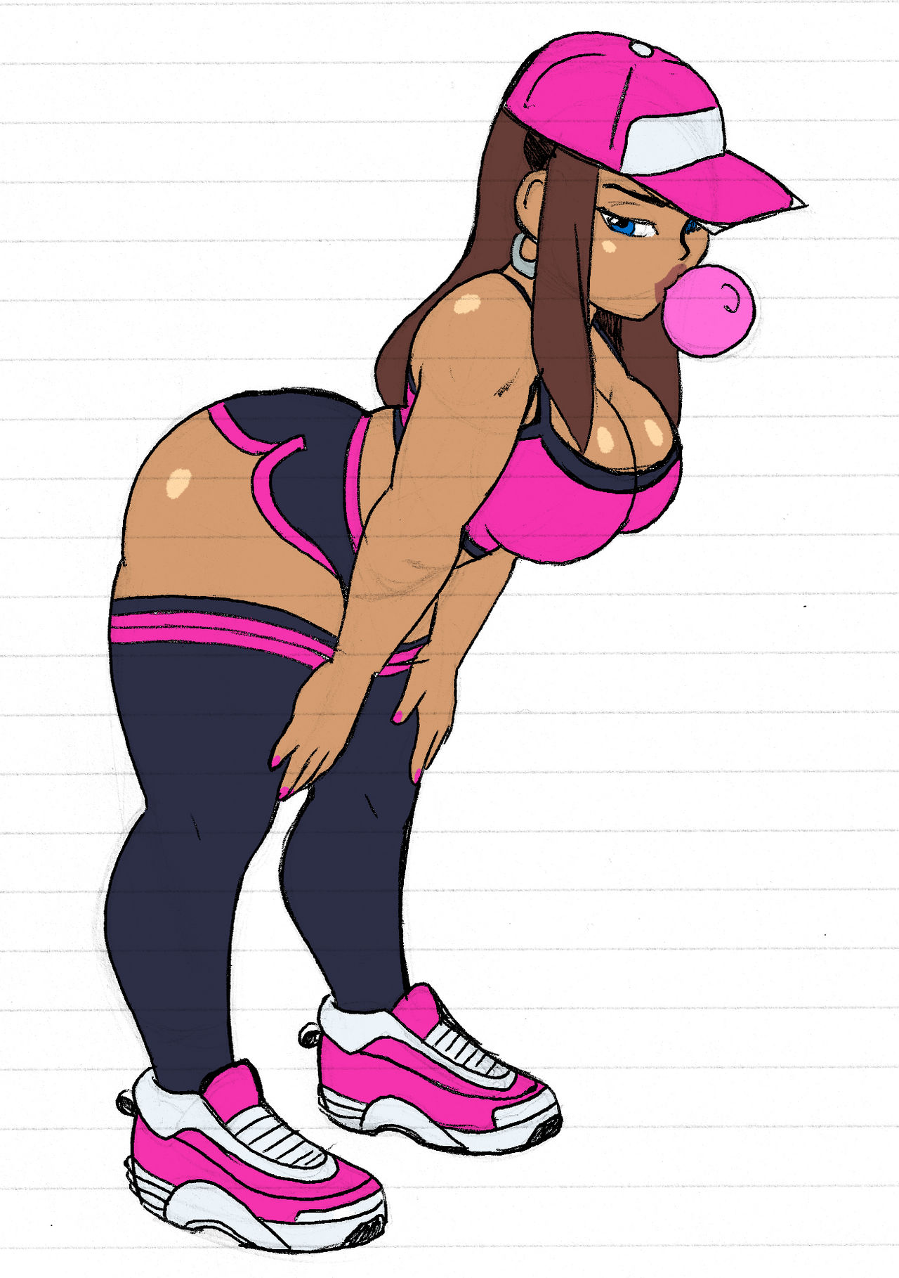 ass, booty shorts, breasts, bubble ass, bubble butt, bubble gum, dark-skinned female, dolphin shorts, female, female only, huge ass, huge breasts, kenzie (omegasunburst), omegasunburst, pink clothing, plump, sports bra, tagme