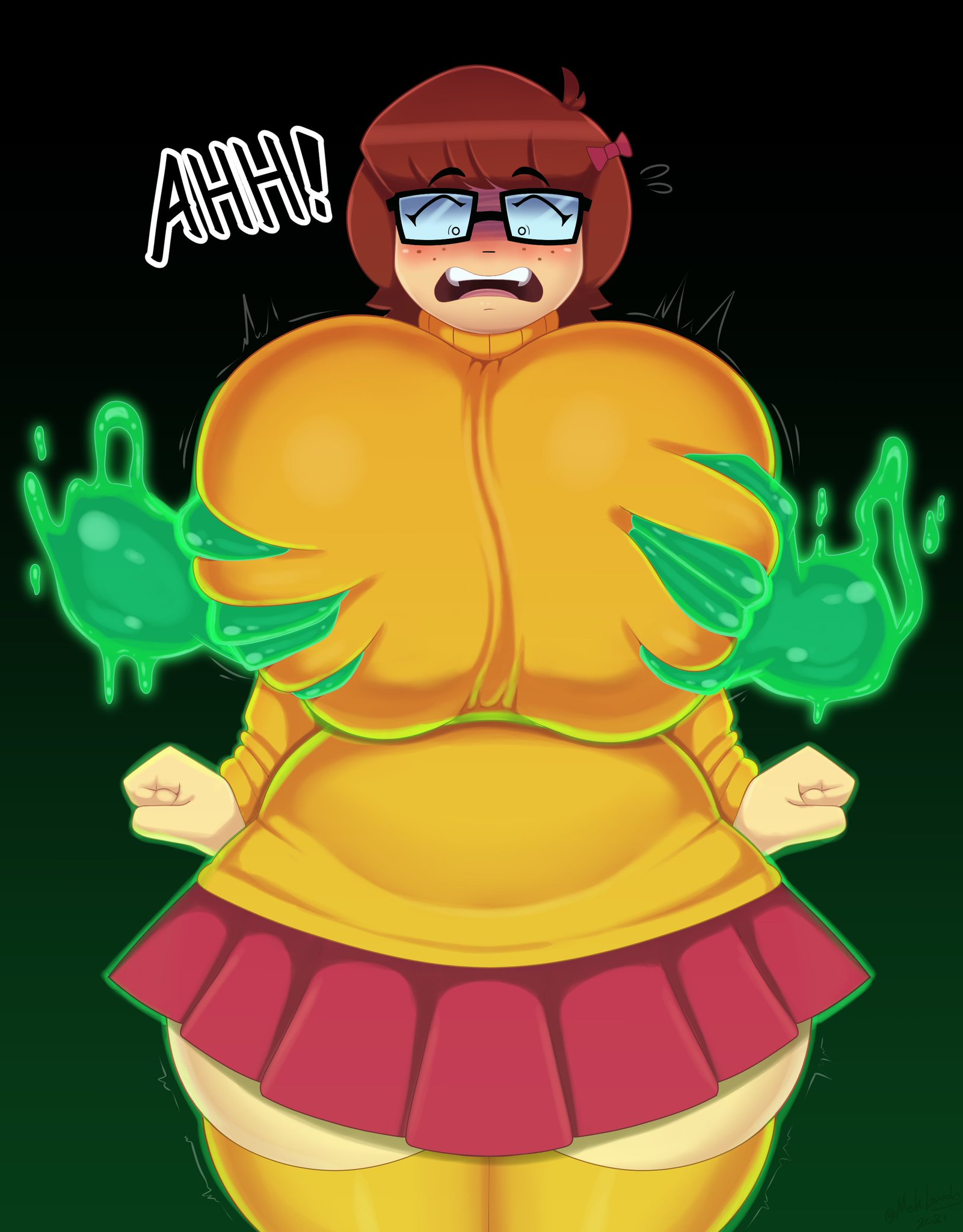 big breasts, breasts, breasts bigger than head, clothed, female, female only, ghost, higher resolution available, holding breast, huge breasts, mehdrawings, scooby-doo, text, velma dinkley