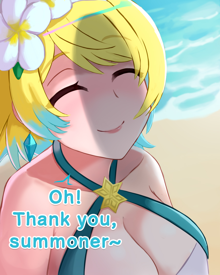 1girls alternate_costume bare_shoulders beach bikini blonde_hair blue_bikini blue_swimsuit breasts ciderwrath cleavage closed_eyes collarbone earrings english_text female female_only fire_emblem fire_emblem_heroes fjorm_(fire_emblem) fjorm_(summer)_(fire_emblem) flower hair_flower imminent_irrumatio imminent_oral imminent_sex irrumatio kiran_(fire_emblem) kiran_(fire_emblem)_(male) large_breasts multicolored_hair nintendo ocean official_alternate_costume oral outdoors penis_shadow sex short_hair shoulders solo swimsuit text unaware water