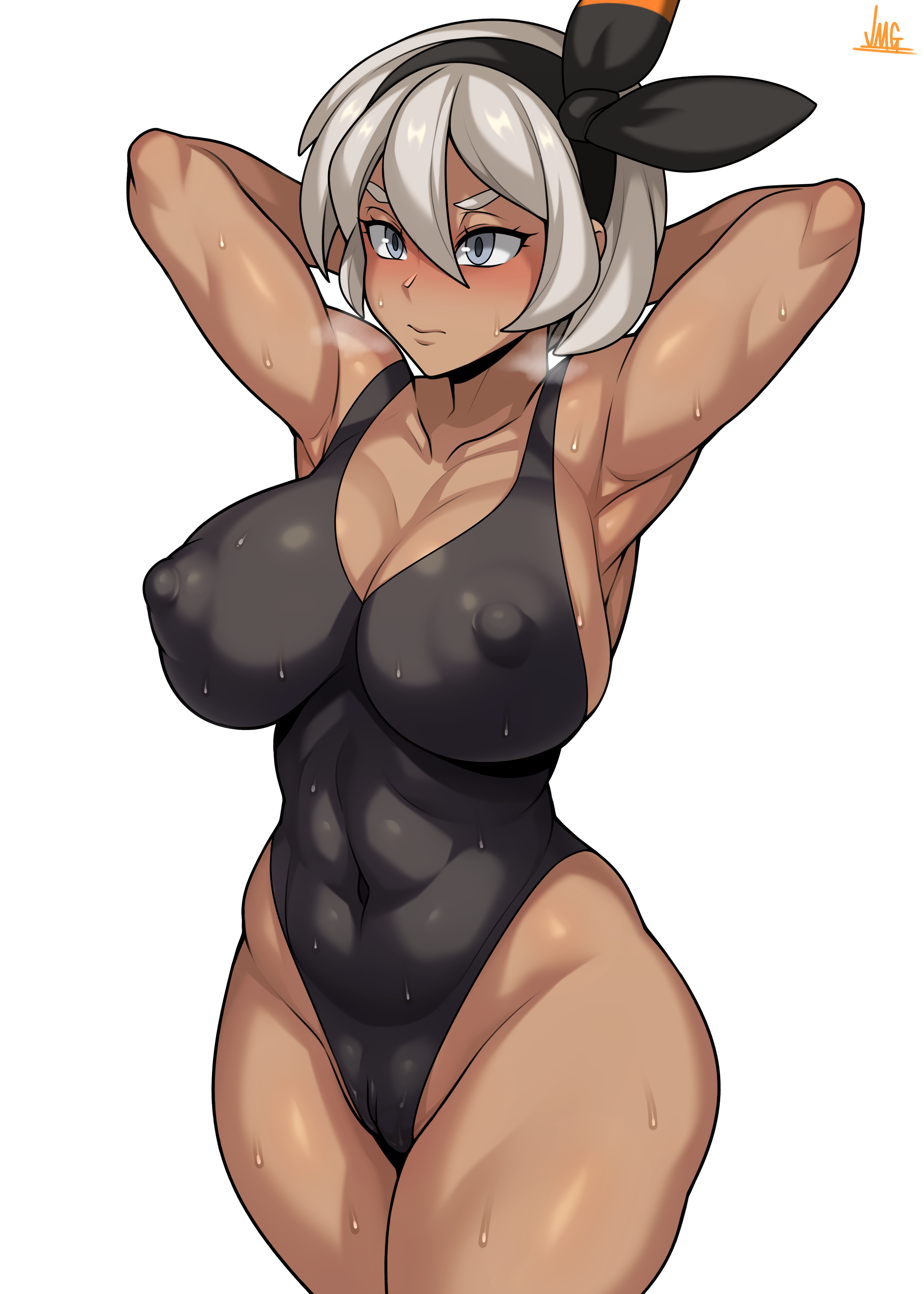 1girls, armpits, arms behind back, athletic, athletic female, bea (pokemon), breasts, female, female focus, female only, gym leader, hairband, huge breasts, jmg, looking at viewer, nintendo, pokemon, seductive look, short hair, white hair