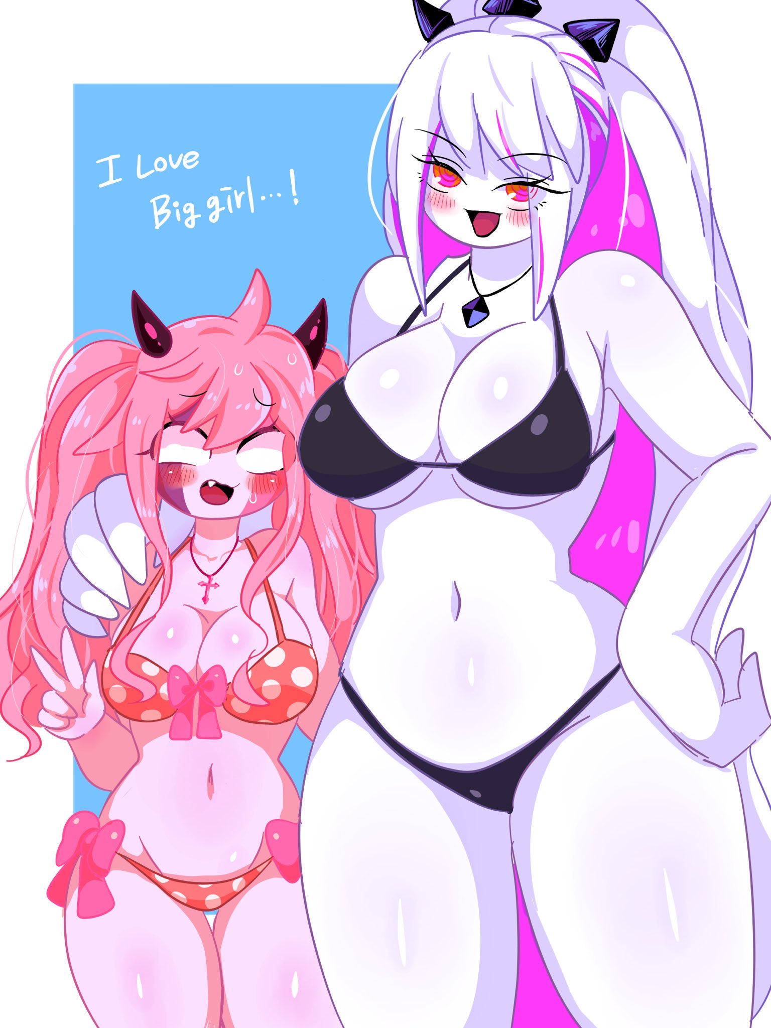 2girls, artist request, blue background, blush, blush lines, blushing at viewer, blushing profusely, female, female only, friday night funkin, friday night funkin mod, hand on shoulder, mid-fight masses, mkcomvftg123, multiple females, multiple girls, nikusa (fnf), nikusa (sugarratio), pink body, pink eyes, pink hair, pink skin, red eyes, sarvente (dokki.doodlez), sarvente (friday night funkin), size difference, text, white body, white hair, white skin