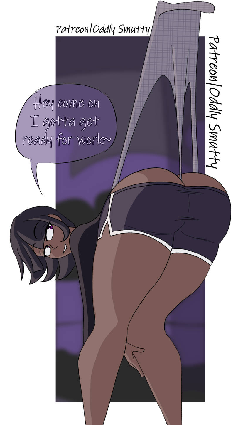 brown_eyes dark-skinned_female dark_hair dark_skin hanging_wedgie looking_at_viewer looking_back oddlysmutty short_shorts shorts speech_bubble tagme text text_bubble wedgie