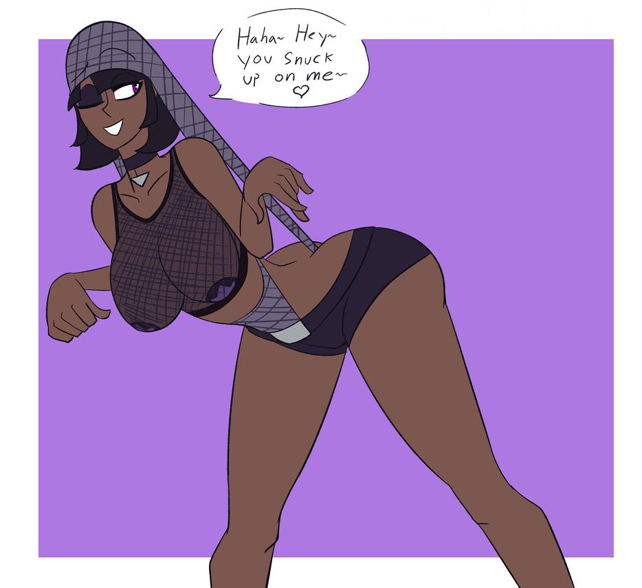 atomic_wedgie brown_eyes dark-skinned_female dark_hair dark_skin fetish legs_apart mesh_shirt oddlysmutty pasties short_shorts shorts speech_bubble tagme text text_bubble wedgie wink winking