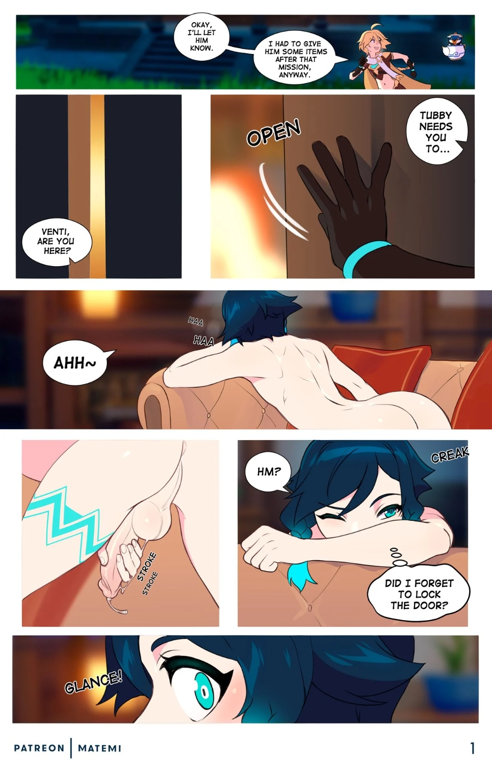 2femboys, aether (genshin impact), black hair, blonde hair, caught, caught masturbating, colored, comic, comic page, english text, femboy, femboy focus, femboy on femboy, femboy only, genshin impact, hoyoverse, male, male only, matemi, mihoyo, submissive male, twink, venti (genshin impact), yaoi