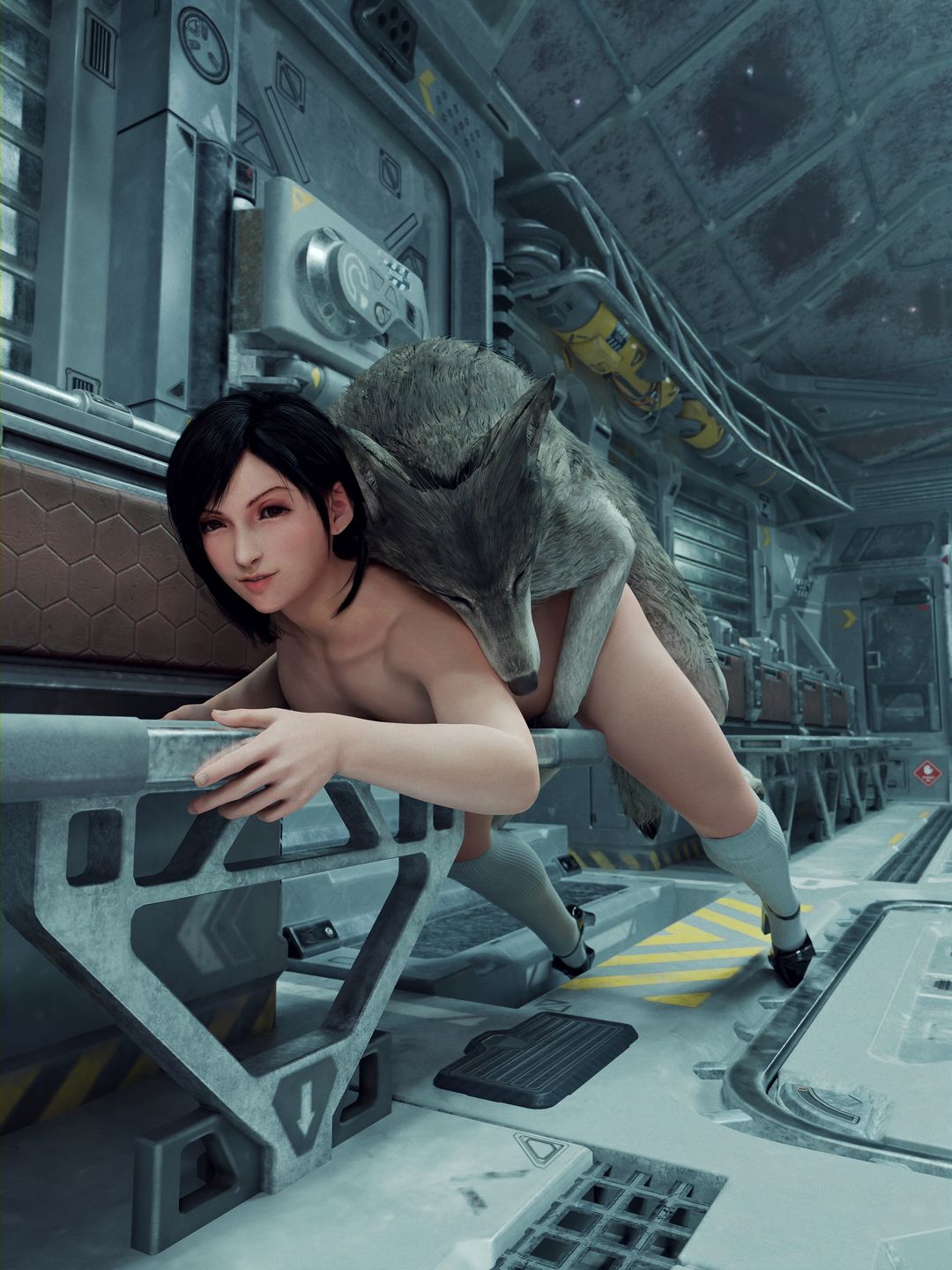 1animal, 1girls, 3d, 3d (artwork), ambiguous penetration, bestiality, black hair, blush, clitus, collarbone, female, feral, feral on female, final fantasy, final fantasy vii, final fantasy vii remake, heels, high heels, highres, light skin, light-skinned female, long socks, looking away, lying on stomach, nude, nude female, penetration, public, public indecency, public nudity, public sex, self upload, sex, straight, tifa lockhart, train, train interior, unknown artist, white socks, wolf, zoophilia