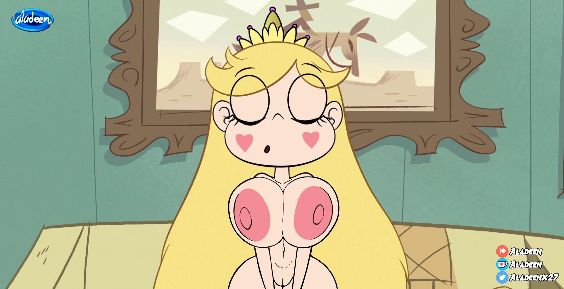 accurate art style, aladeen, big breasts, blonde female, blonde hair, breasts, closed eyes, disney, disney channel, disney xd, edit, eyes closed, female, female only, heart cheeks, huge areolae, huge nipples, large areolae, large nipples, massive breasts, naked, nude, pussy, screenshot edit, star butterfly, star vs the forces of evil, white female, wide hips