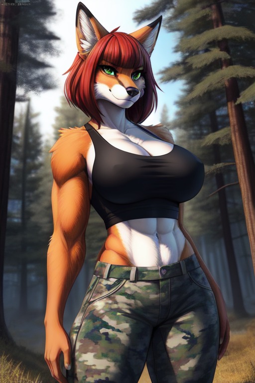 ai_generated anthro black_tank_top busty camouflage_pants female female_only fox frosting.ai furry fursona green_eyes muscular_stomach red_hair red_skin