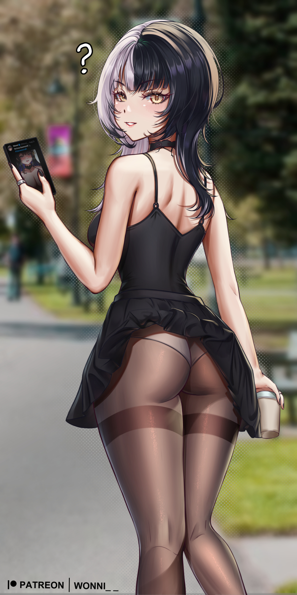 ? accidental_exposure alternate_costume ass black_choker black_hair black_nails black_skirt black_tank_top blurry blurry_background breasts cellphone choker coffee_cup commentary cup disposable_cup english_commentary eyelashes female fingernails from_behind grey_hair highres holding holding_cup holding_phone hololive hololive_english hololive_english_-advent- jewelry lace lace_choker large_breasts light_blush long_hair looking_at_viewer looking_back multicolored_hair nail_polish nerissa_ravencroft outdoors paid_reward_available panties panties_under_pantyhose pantyhose park parted_lips patreon_username phone pleated_skirt ring shiori_novella skirt smartphone smile split-color_hair tank_top thighband_pantyhose two-tone_hair underwear virtual_youtuber wonnikon yellow_eyes