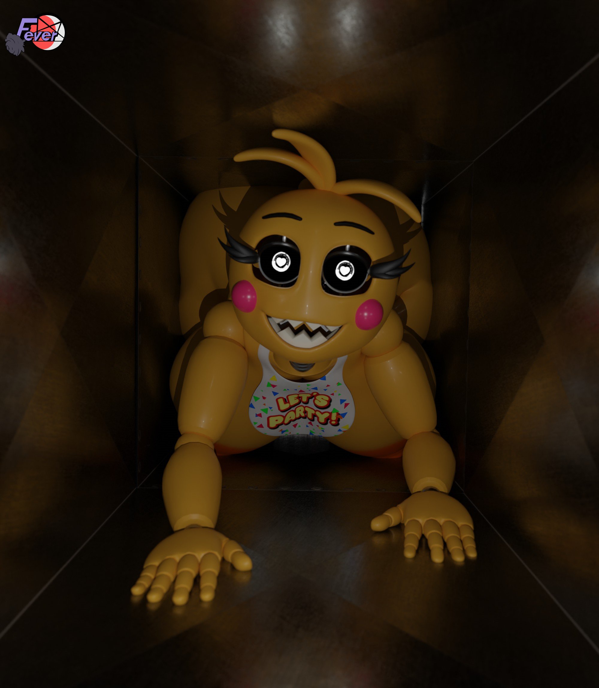 1girls, 3d, animatronic, areolae, ass, bib, big breasts, breasts, eyelashes, female, female only, feversfm, five nights at freddy's, five nights at freddy's 2, glowing genitalia, large breasts, looking at viewer, nipples, orange nipples, sharp teeth, solo, solo female, solo focus, thick thighs, thighs, toy chica (fnaf), toy chica (love taste), vent, white eyes, yellow body, yellow skin