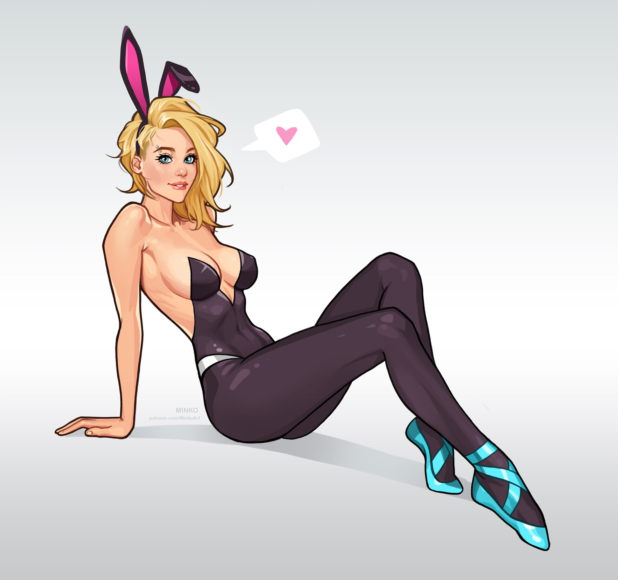 1girls, asymmetrical hair, athletic, athletic female, ballet slippers, bare shoulders, blonde female, blonde hair, blue eyes, blue footwear, bottom heavy, breasts, bunny ears, bust, busty, casual, chest, clavicle, cleavage, clothing, curvaceous, curvy, curvy figure, cute, cute face, digital media (artwork), eyebrow piercing, eyebrows, eyelashes, eyes, feet, female, female focus, fit, fit female, footwear, full body, ghost-spider, gwen stacy, hair, hero, heroine, hips, hourglass figure, human, legs, light skin, light-skinned female, lips, marvel, marvel comics, medium breasts, minko, no bra, olena minko, petite, petite body, piercing, pinup (style), playboy bunny, pose, short hair, sitting, slim, slim body, slim female, slim waist, small breasts, smile, solo, spider-gwen, spider-man (series), spider-man: across the spider-verse, spider-man: into the spider-verse, spoken heart, superhero, superheroine, thick thighs, toned, toned stomach, waist
