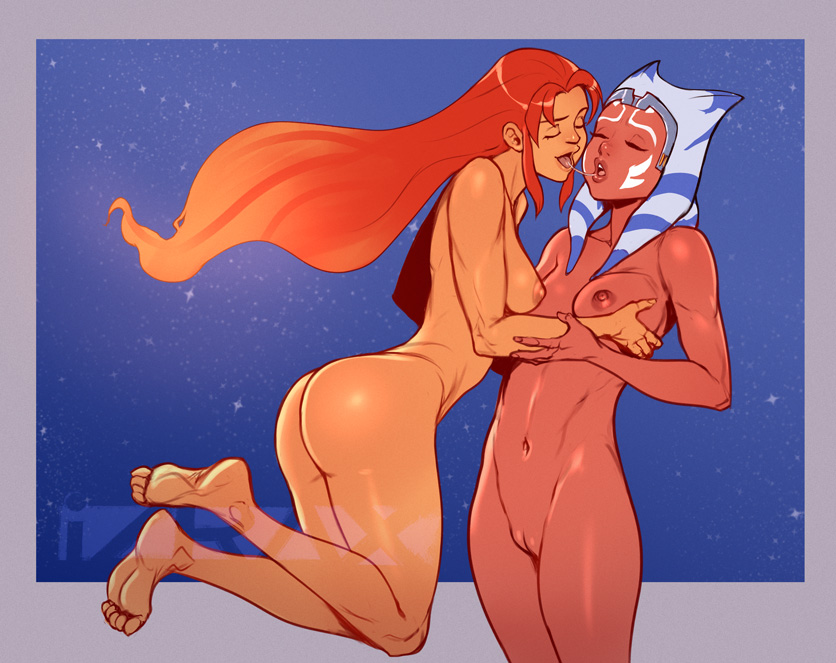 2girls, ahsoka tano, alien, alien girl, ass, breasts, closed eyes, crossover, dc, dc comics, feet, female, female only, floating, flying, french kiss, grabbing, grabbing another's breast, grabbing breasts, humanoid, humanoid on humanoid, interspecies, interspecies yuri, izra, kissing, koriand'r, lesbian kiss, long hair, long-haired female, lucasfilm, multiple females, multiple girls, naked, naked female, nipples, nude, nude female, pussy, red hair, saliva, shaved pussy, space, star wars, starfire, teen titans, the clone wars: season seven, togruta, yuri