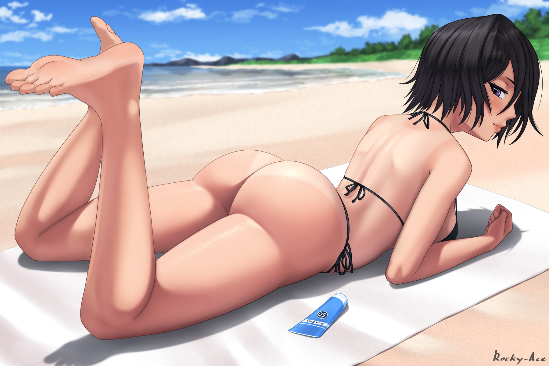1girls, alternate version available, ass, bare legs, bare shoulders, barefoot, beach, beach towel, big ass, bikini, black hair, bleach, blush, breasts, bubble ass, bubble butt, feet, feet up, female, from behind, highres, huge ass, kuchiki rukia, looking at viewer, lying, lying on stomach, medium hair, on stomach, petite, petite body, purple eyes, rocky-ace, seaside, short hair, small breasts, smaller female, soles, sunscreen, swimsuit, tagme, tan, tanline, toes