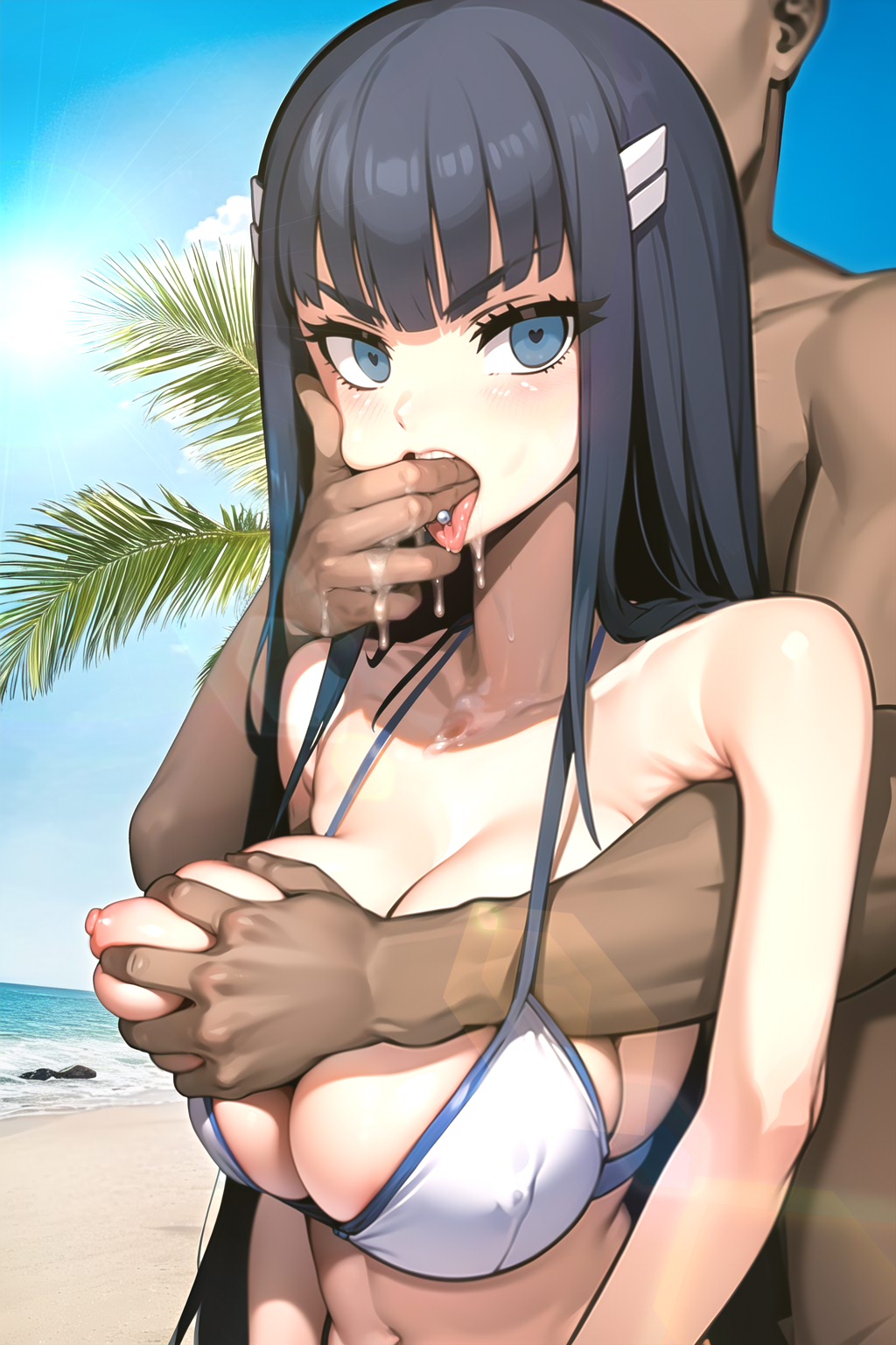 1boy ai_generated beach bikini blue_hair blunt_bangs breast_grab brush404 dark-skinned_male dripping fingers_in_mouth heart-shaped_pupils kill_la_kill kiryuuin_satsuki large_breasts long_hair looking_at_viewer navel nipple nude_male open_mouth palm_tree saliva standing tongue_piercing upper_body