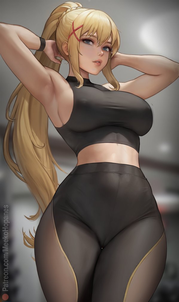 1girls armpits arms_behind_head arms_up artist_name big_breasts black_pants black_shirt black_sports_bra blonde_hair blue_eyes blurry blurry_background breasts cowboy_shot crop_top darkness_(konosuba) erect_nipples female female_only fully_clothed hair_ornament indoors kono_subarashii_sekai_ni_shukufuku_wo! large_breasts leggings long_hair looking_at_viewer meekohopanes midriff pants parted_lips patreon_logo patreon_username ponytail shirt sidelocks sleeveless sleeveless_shirt solo sport_clothes sports_bra sports_pants standing thighs tight_clothing very_long_hair x_hair_ornament