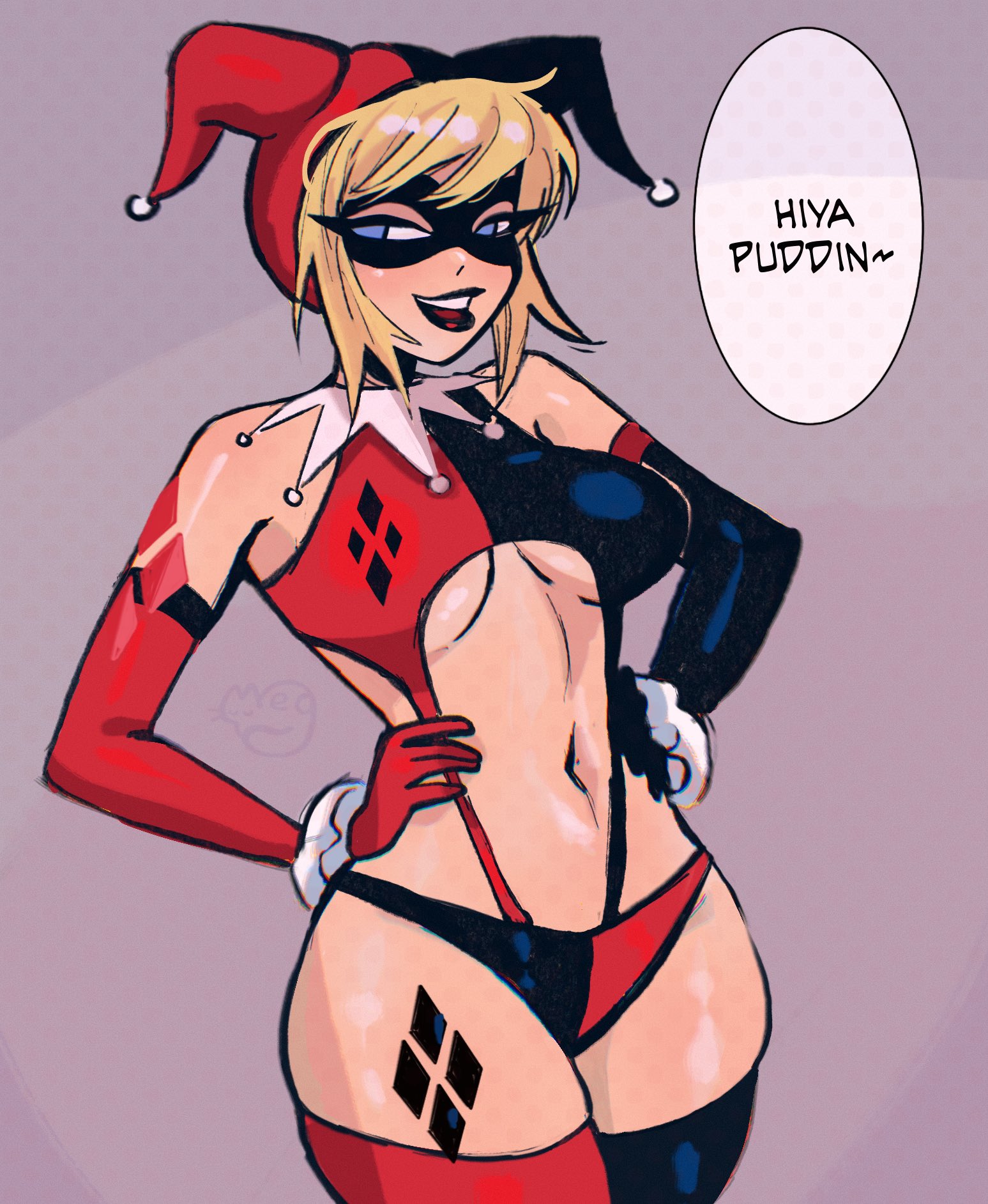 1girls, alternate version available, batman (series), batman: the animated series, big breasts, blonde hair, blue eyes, breasts, dc, dc comics, eyelashes, female, female only, fully clothed, harleen quinzel, harley quinn, harley quinn (classic), hourglass figure, lipstick, megrocks, navel, skimpy clothes, solo, speech bubble, tagme, tattoo, thighhighs, tight panties, voluptuous, voluptuous female, wide hips