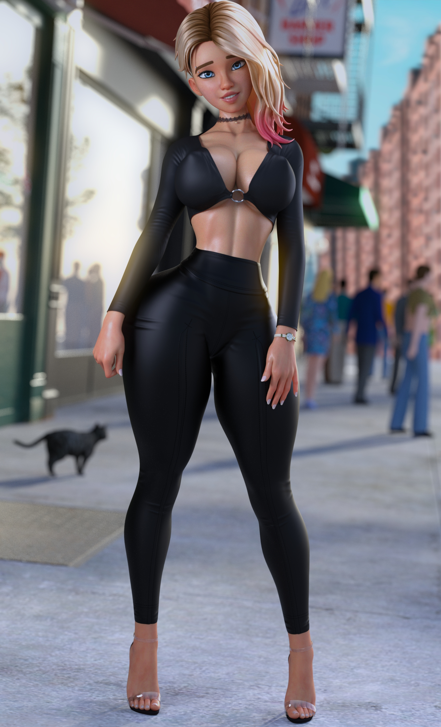 1girls, 3d, ass, blonde hair, blue eyes, bodysuit, choker, clothed, female, female only, french nails, fully clothed, gwen stacy, high heels, marvel, marvel comics, pink hair, public, ruidx, solo, spider-man (series), thick ass, thick thighs, thighs, tight clothing