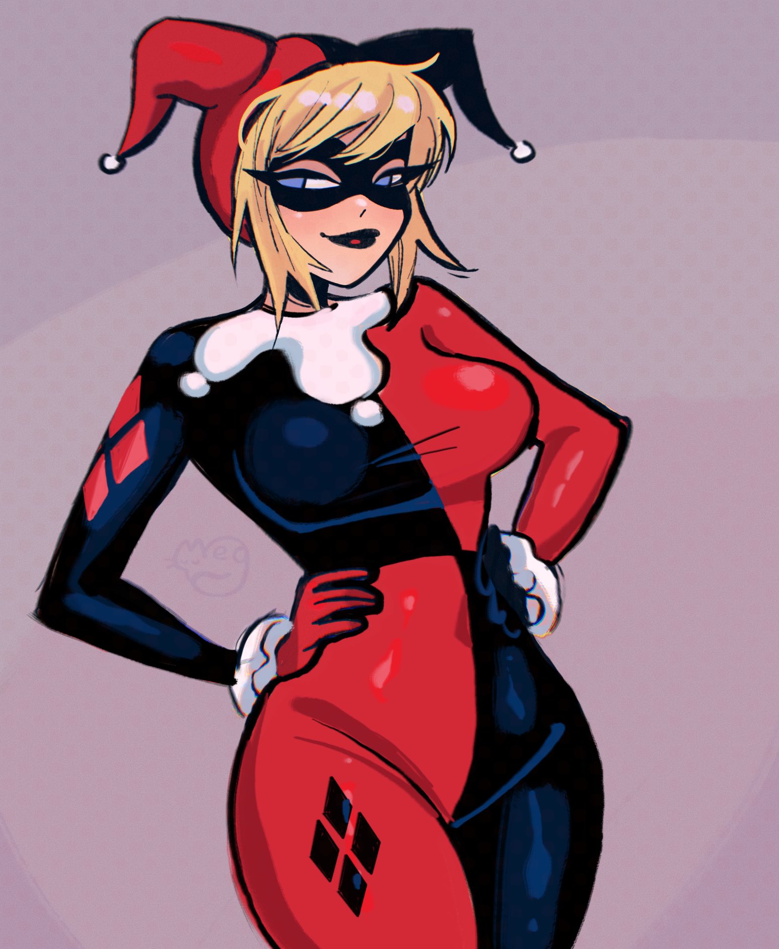 1girls, batman (series), batman: the animated series, big breasts, blonde hair, breasts, dc, dc comics, eye mask, female, female only, flirting look, hands on hips, harleen quinzel, harley quinn, harley quinn (classic), latex clothing, latex suit, megrocks, solo, tight clothing, voluptuous, voluptuous female, wide hips