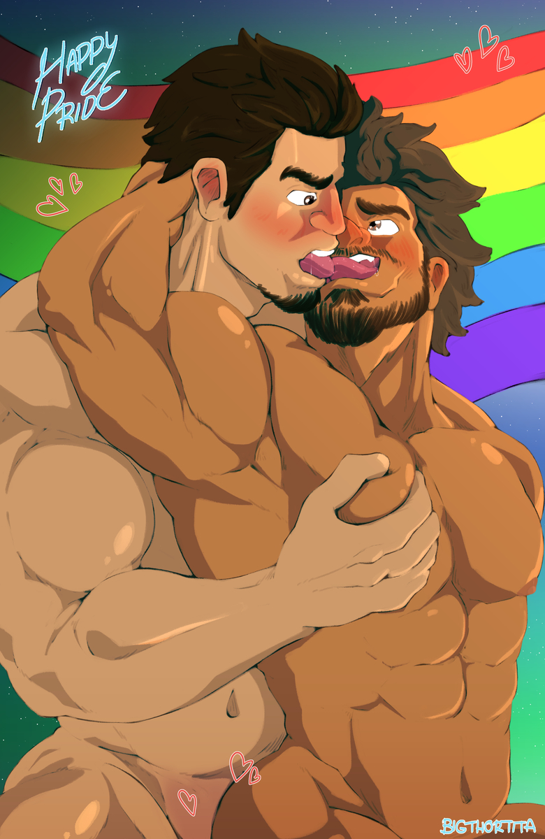 2boys bara beard gay gay_pride_colors ichiban_kasuga kiryu_kazuma kiss kissing lgbt_pride muscle pride_colors ryu_ga_gotoku ryuu_ga_gotoku yakuza_(series)