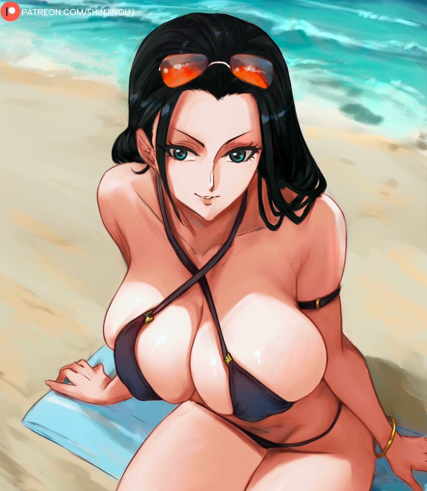1girls, about to burst, aqua eyes, arm support, armlet, barely contained, barely contained breasts, barely fits, beach, bikini, black hair, black-haired female, bracelet, breasts, breasts too big, bursting breasts, cleavage, criss-cross halter, eyewear on head, female, female only, from above, hair slicked back, halterneck, highres, huge breasts, imminent wardrobe malfunction, jewelry, long hair, nico robin, one piece, outdoors, post-timeskip, sand, shinjinou, shiny skin, shore, sitting, smile, solo, straining clothing, sunglasses, sunglasses on head, swimsuit, thong bikini, tight bikini, tight fit, tight swimsuit, tight swimwear, too tight, undersized clothes, undersized clothing, very long hair, water, wide hips