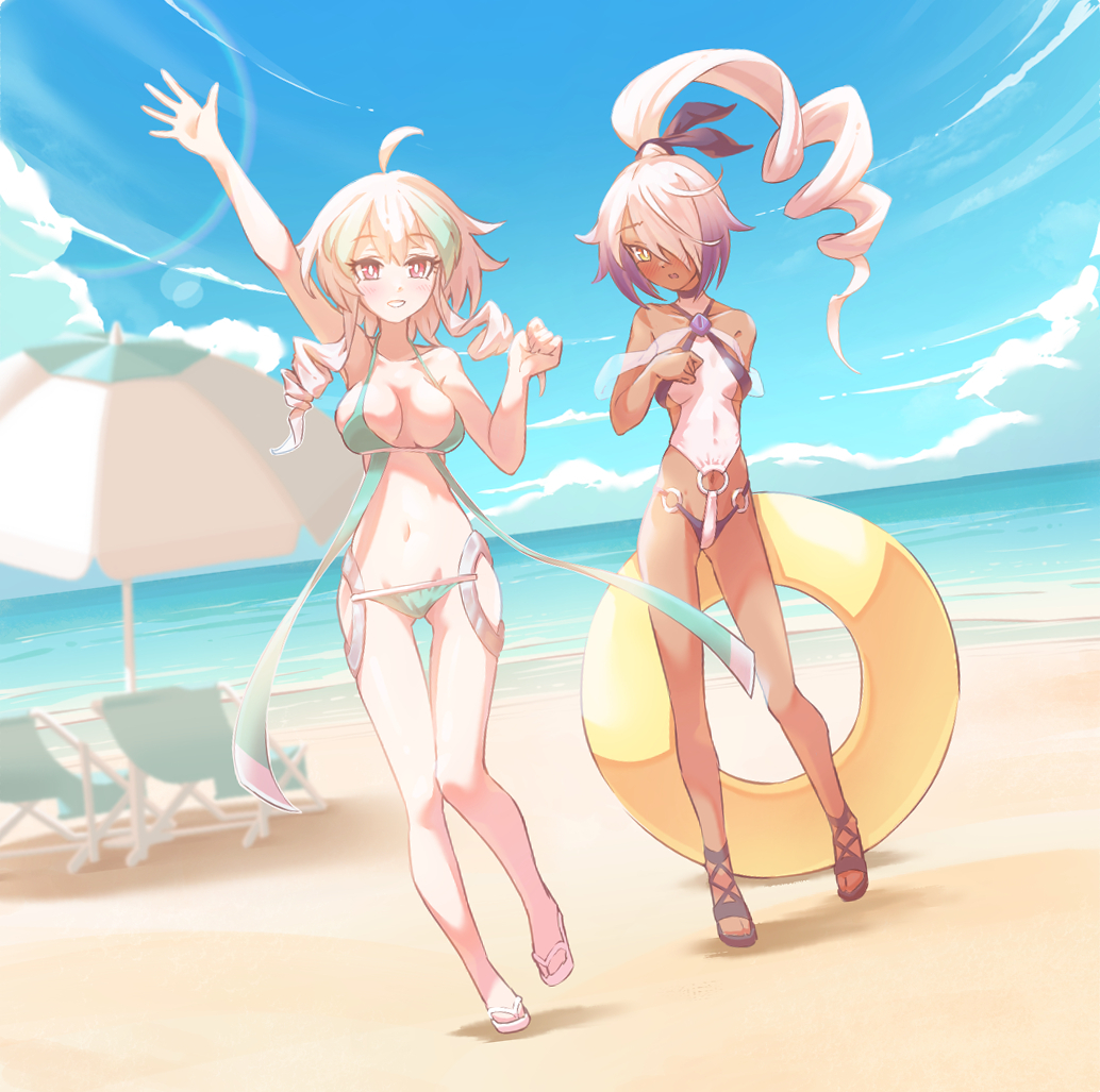 2girls beach bikini crispy_scone dark-skinned_female duel_monster light-skinned_female sky_striker_ace_-_azalea sky_striker_ace_-_camellia yu-gi-oh!