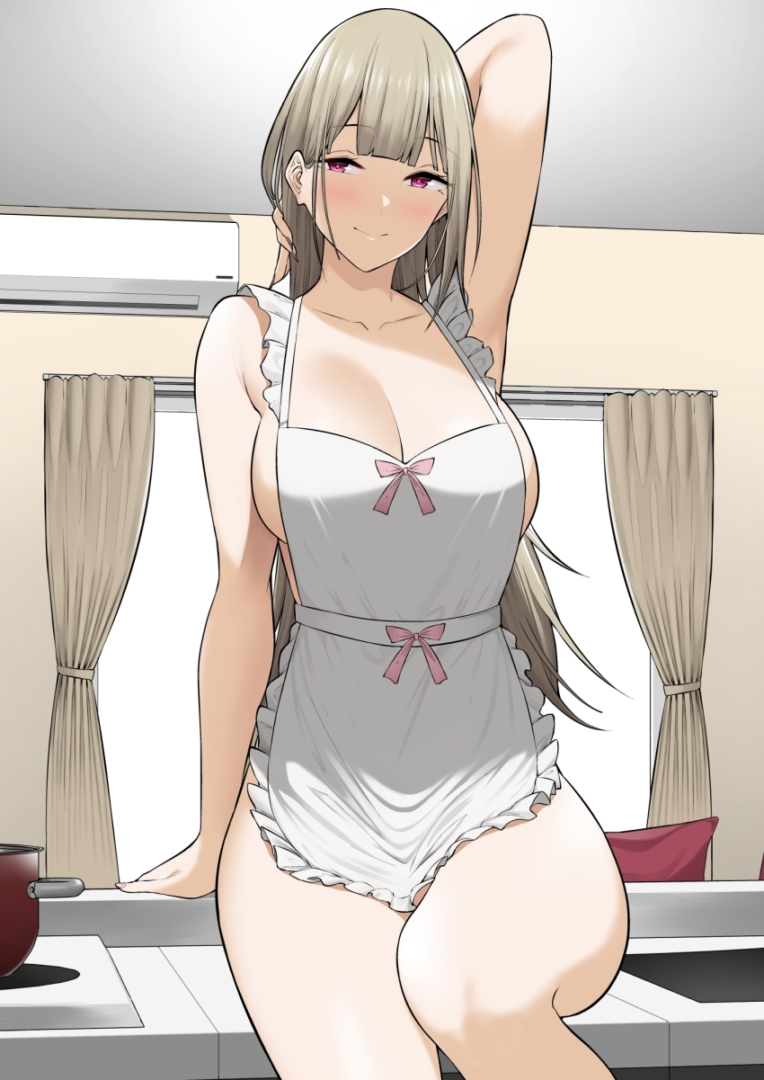 air_conditioner apron arm_behind_head blush breasts cleavage counter female grey_hair gyaru hair_between_eyes highres imaizumin-chi_wa_douyara_gal_no_tamariba_ni_natteru_rashii kitchen kurumizaka_ruri large_breasts light_smile long_hair looking_at_viewer naked_apron nori_gorou on_counter pillow pink_eyes solo white_apron window