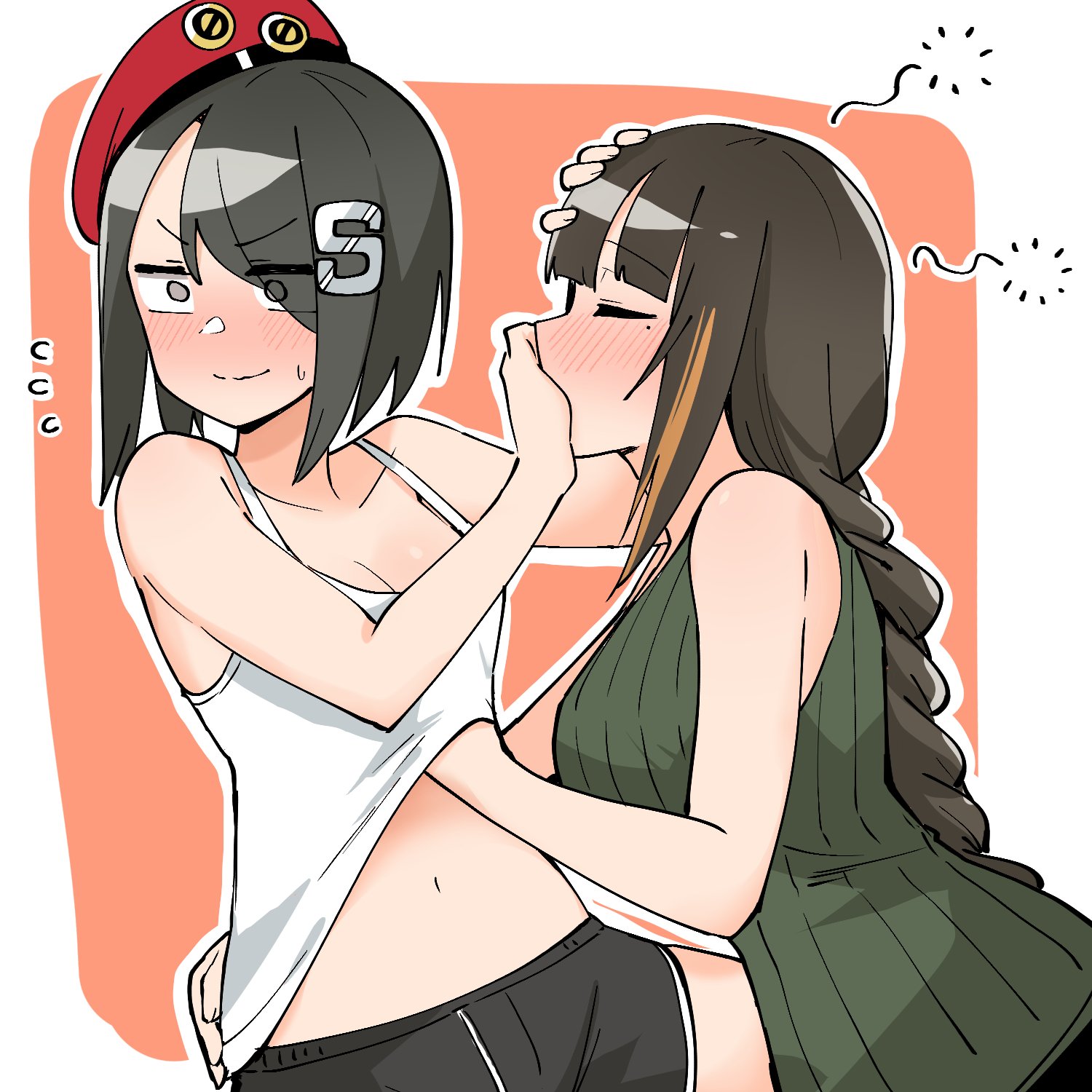 2girls, alternate costume, beret, black hair, blush, braid, breasts, closed eyes, commentary, drunk, female, female commander (girls' frontline), girls' frontline, hand on another's face, hand on another's head, hand on another's hip, hand under clothes, hat, highres, junsuina fujunbutsu, large breasts, lesbian focus, long hair, looking away, m16a1 (girls' frontline), medium breasts, mole, mole under eye, multiple females, multiple girls, pushing away, rejected kiss, short hair, short shorts, shorts, single braid, sleeveless, sweat, tank top, yuri