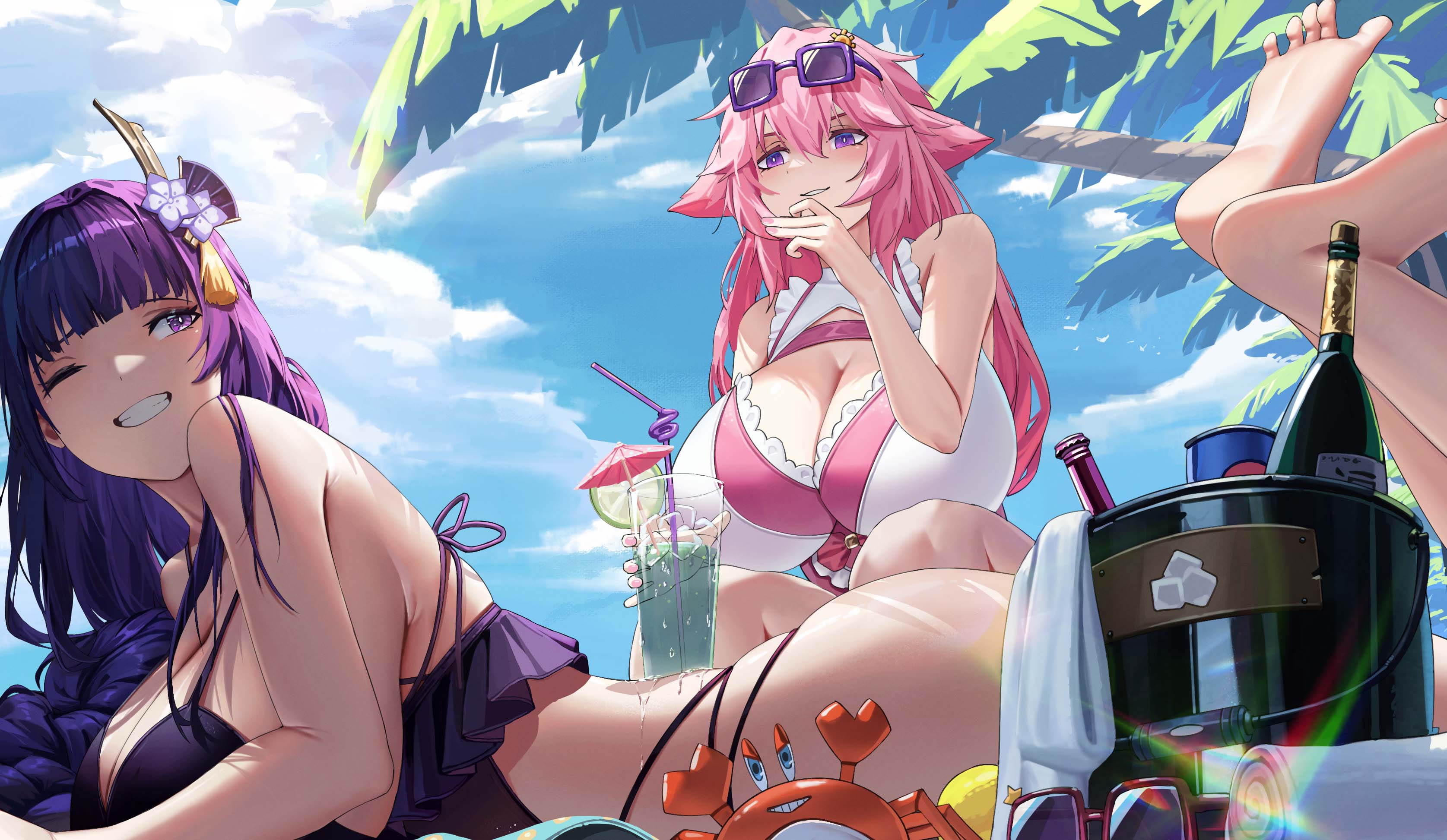 2girls, a kite (akitee), absurdres, animal ears, barefoot, beach, bikini, bird, blunt bangs, blush, bottle, breasts, bucket, cleavage, clenched teeth, cloud, cocktail, cup, drink, eyewear on head, feet, female, fingernails, genshin impact, hair between eyes, hair ornament, highres, holding, holding cup, huge breasts, ice, ice cube, light particles, liquid, long hair, looking at another, lying, multiple females, multiple girls, on stomach, one eye closed, outdoors, palm tree, pink bikini, pink hair, pink nails, purple bikini, purple eyes, purple hair, raiden shogun, sky, smile, soles, spread toes, sunglasses, sunlight, swimsuit, teeth, toes, tree, white bikini, yae miko