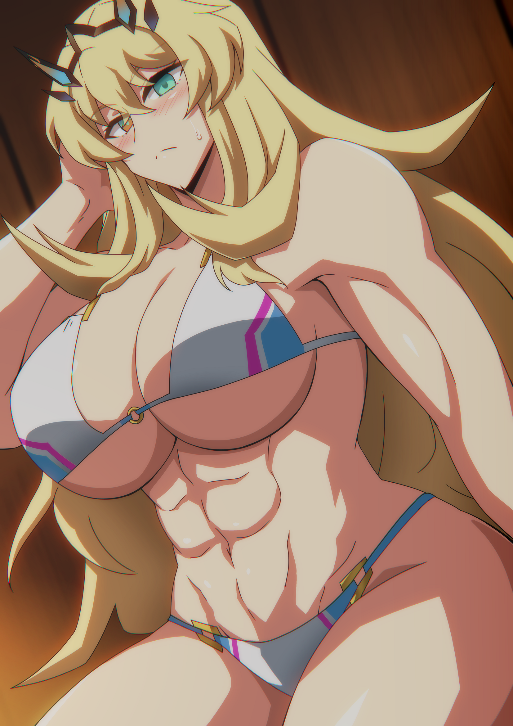1girls, barghest (gawain) (fate), barghest (swimsuit archer) (final ascension) (fate), blonde female, blonde hair, blush, fate (series), fate/grand order, female, hara (harayutaka), looking at viewer, multicolored bikini, muscular, muscular female, swimsuit