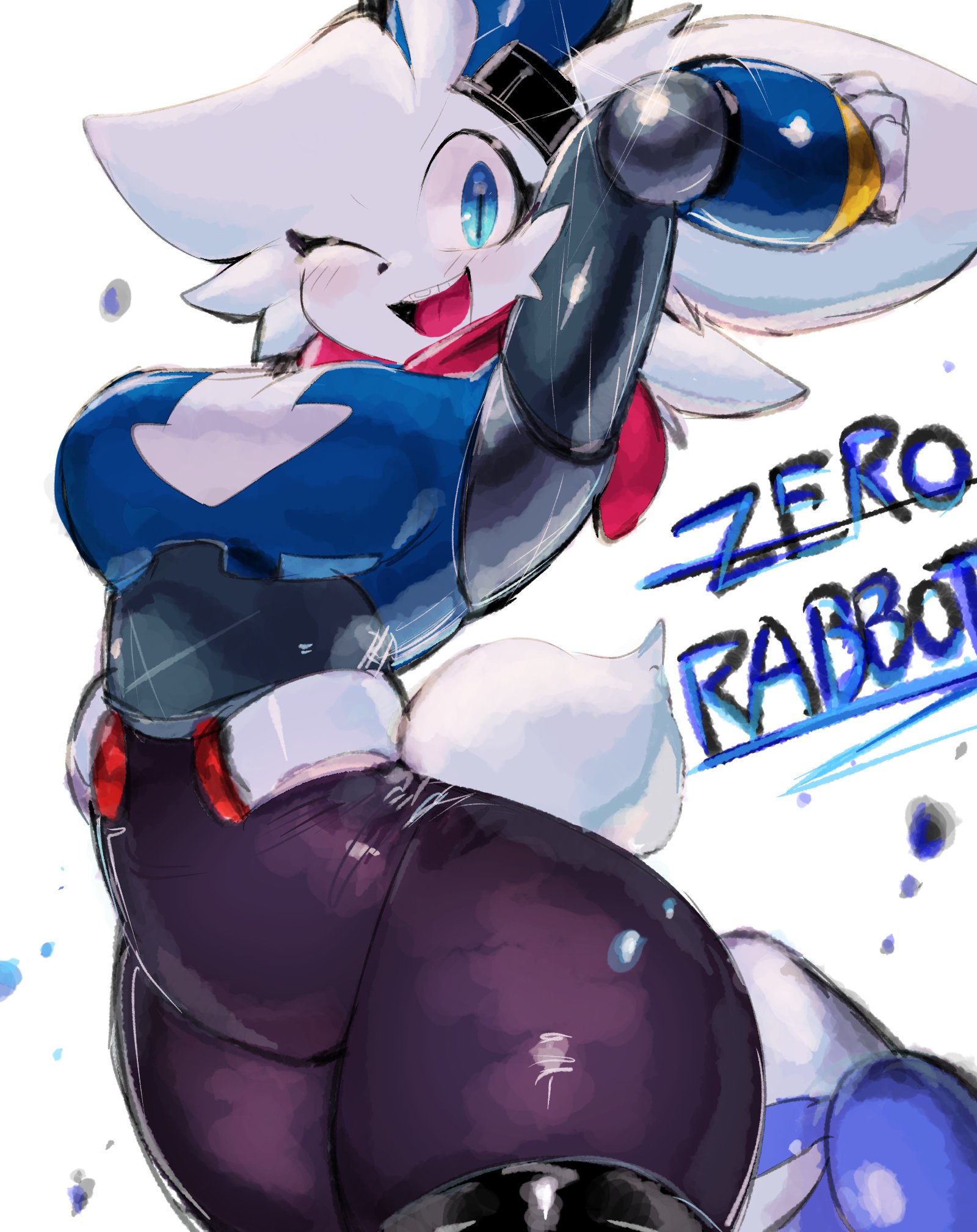 ass, blank background, blue eyes, blush, blush lines, blushing at viewer, female, looking at viewer, one eye closed, one eye open, original, original character, plain background, rabbit, rabbit ear, rabbit ears, rabbit girl, rabbit humanoid, rabbit tail, robot, robot girl, robot humanoid, robot joints, robotic, robotic arm, tagme, thick, thick ass, thick hips, thick legs, thick thighs, usa37107692, white background, wide ass, wide hips, wide thighs, zero rabbot (springhell)